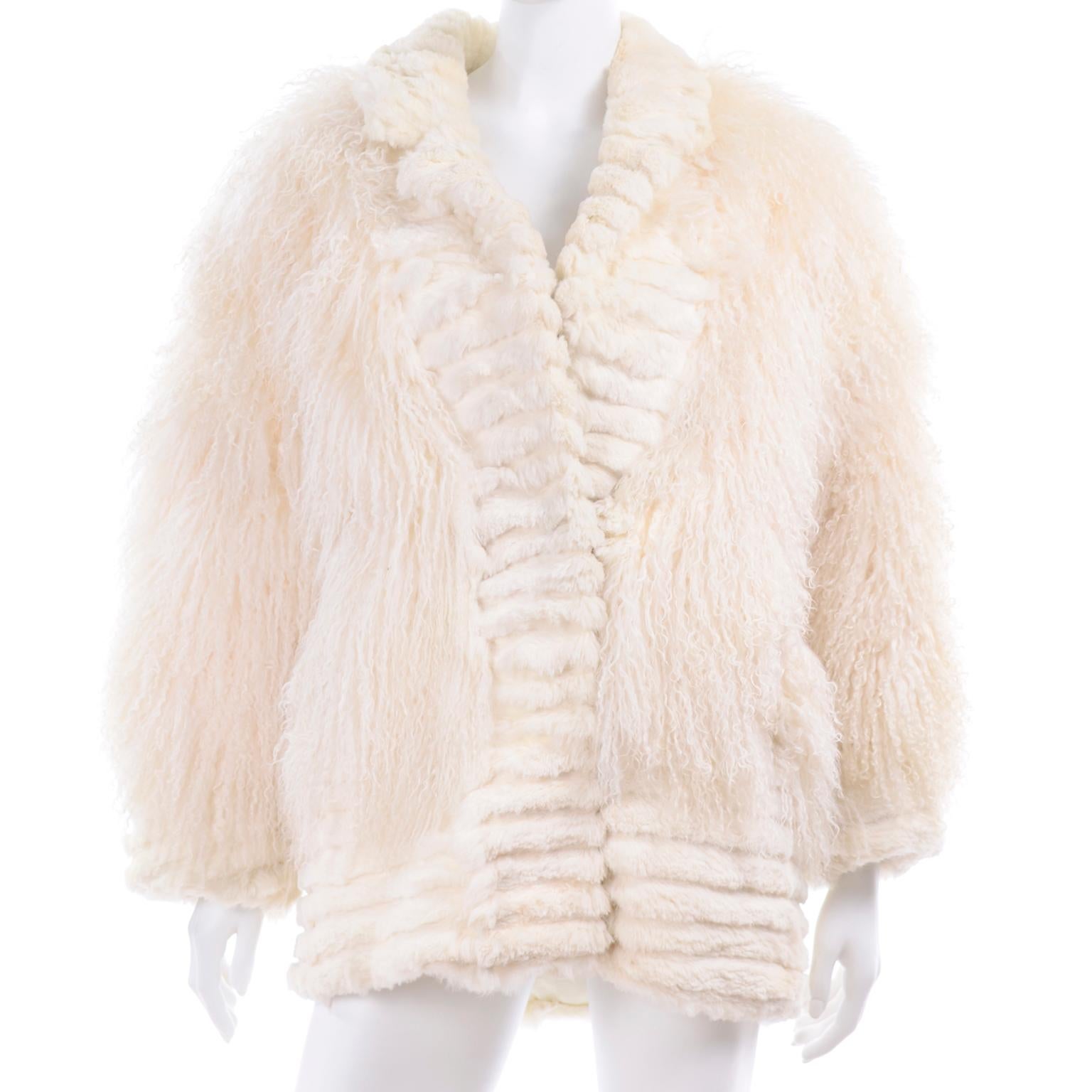  Ivory Cream Vintage Coat Tibetan Lamb Fur Jacket With Rabbit Fur Trim In Excellent Condition In Portland, OR