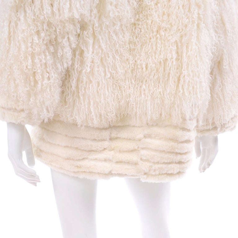 Ivory Cream Vintage Coat Tibetan Lamb Fur Jacket With Rabbit Fur Trim