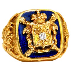 Vieille bague pour homme en or 14 carats avec armoiries royales et emblèmes iconiques