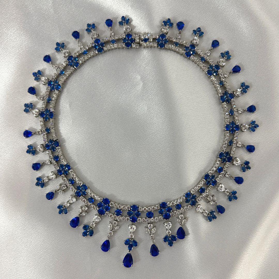 Art Deco  Vintage Cobalt Blue and Clear Cut Glass Sterling Silver Collar Necklace 