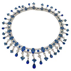  Vintage Cobalt Blue and Clear Cut Glass Sterling Silver Collar Necklace 