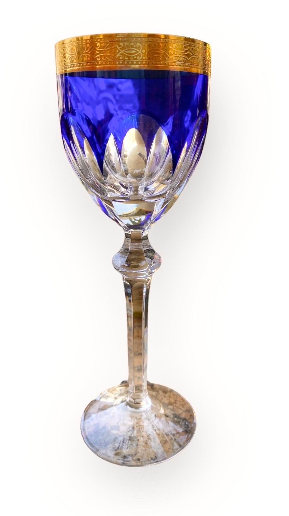 Art Deco Vintage Cobalt Blue Cut & Cased Crystal Goblets, 24 Karat Gold Bands, Tall