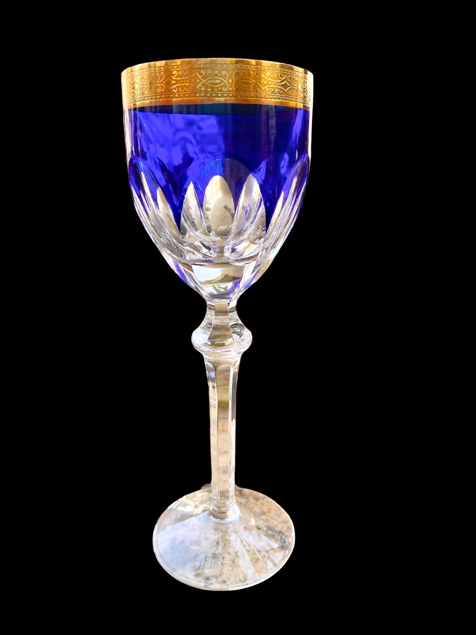 American Vintage Cobalt Blue Cut & Cased Crystal Goblets, 24 Karat Gold Bands, Tall