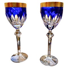 Vintage Cobalt Blue Cut & Cased Crystal Goblets, 24 Karat Gold Bands, Tall
