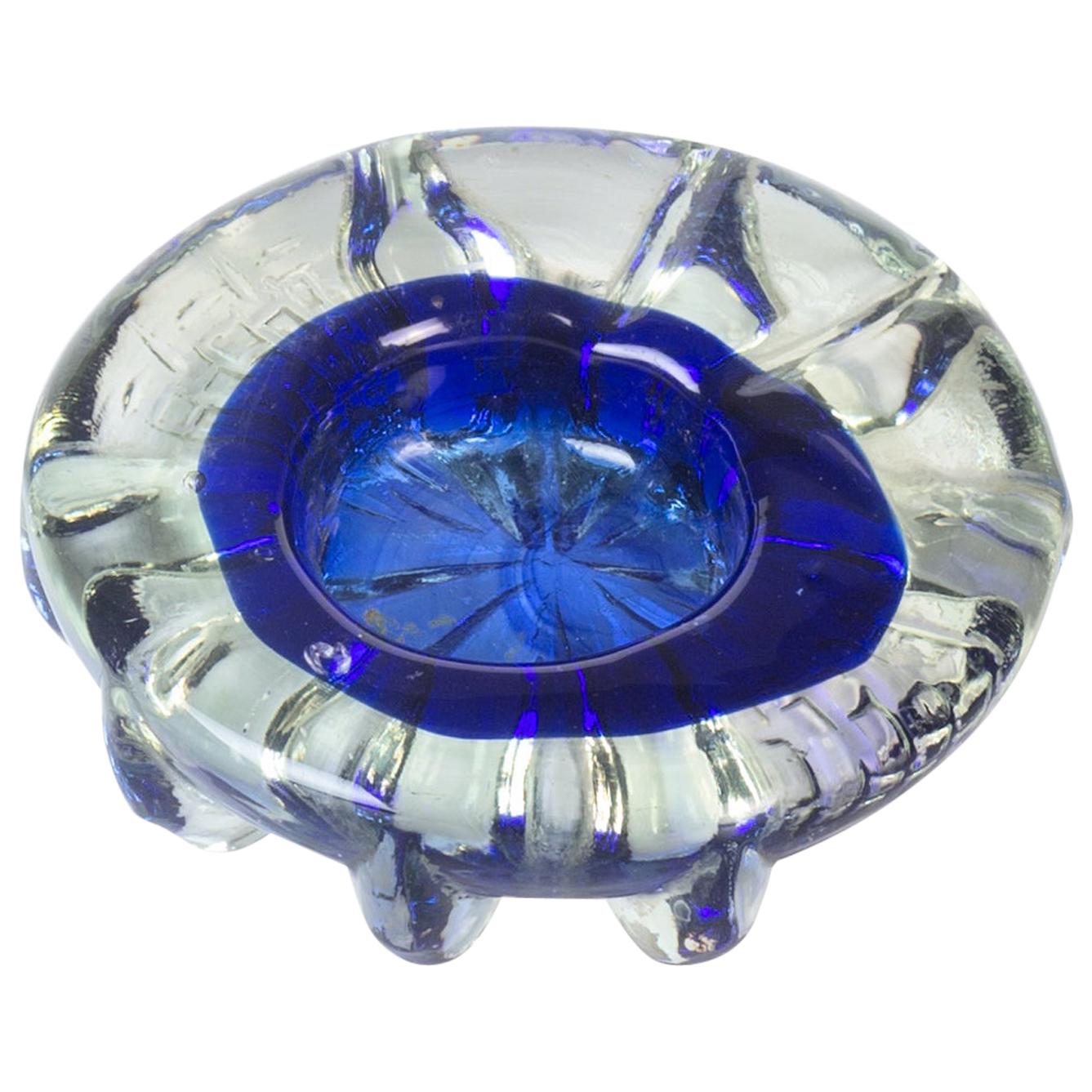 Cenicero vintage de cristal azul cobalto, Italia, años 70