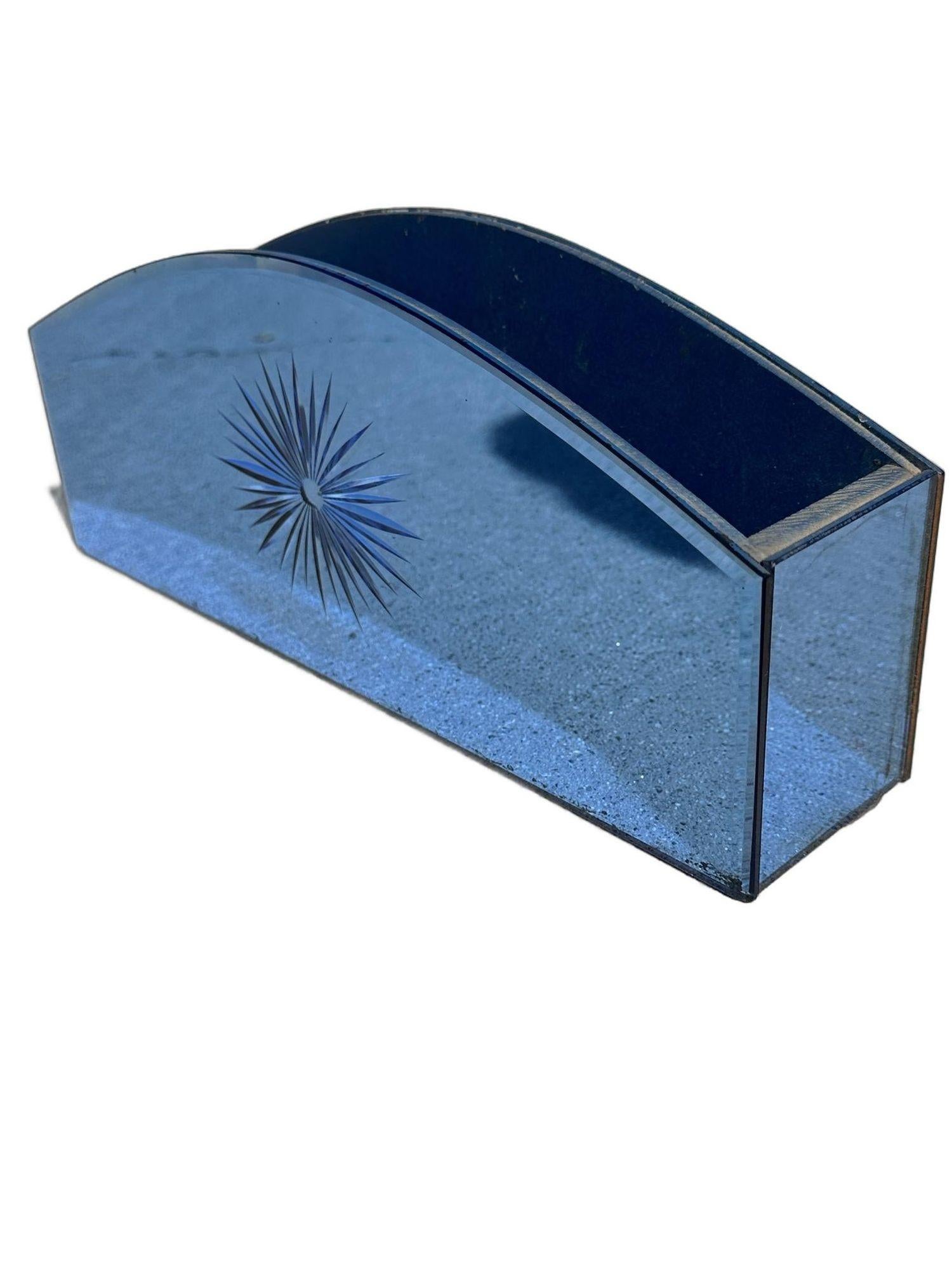 Vintage Cobalt Blue Glass Crystal Mail Organizer with Etched SunBurst For Sale 1