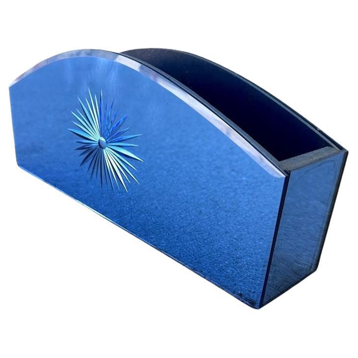 Vintage Cobalt Blue Glass Crystal Mail Organizer with Etched SunBurst For Sale