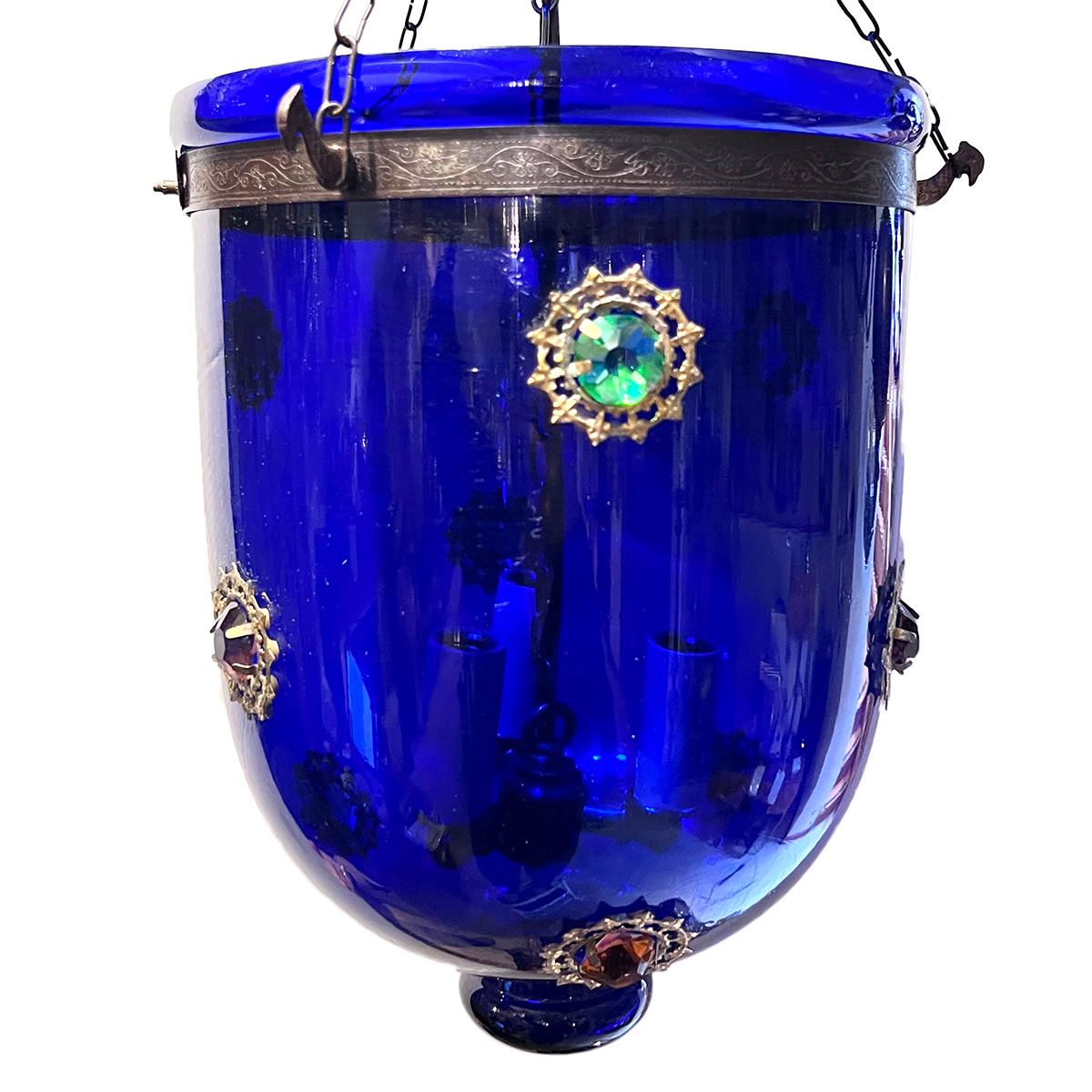 English Vintage Cobalt Blue Glass Lantern For Sale