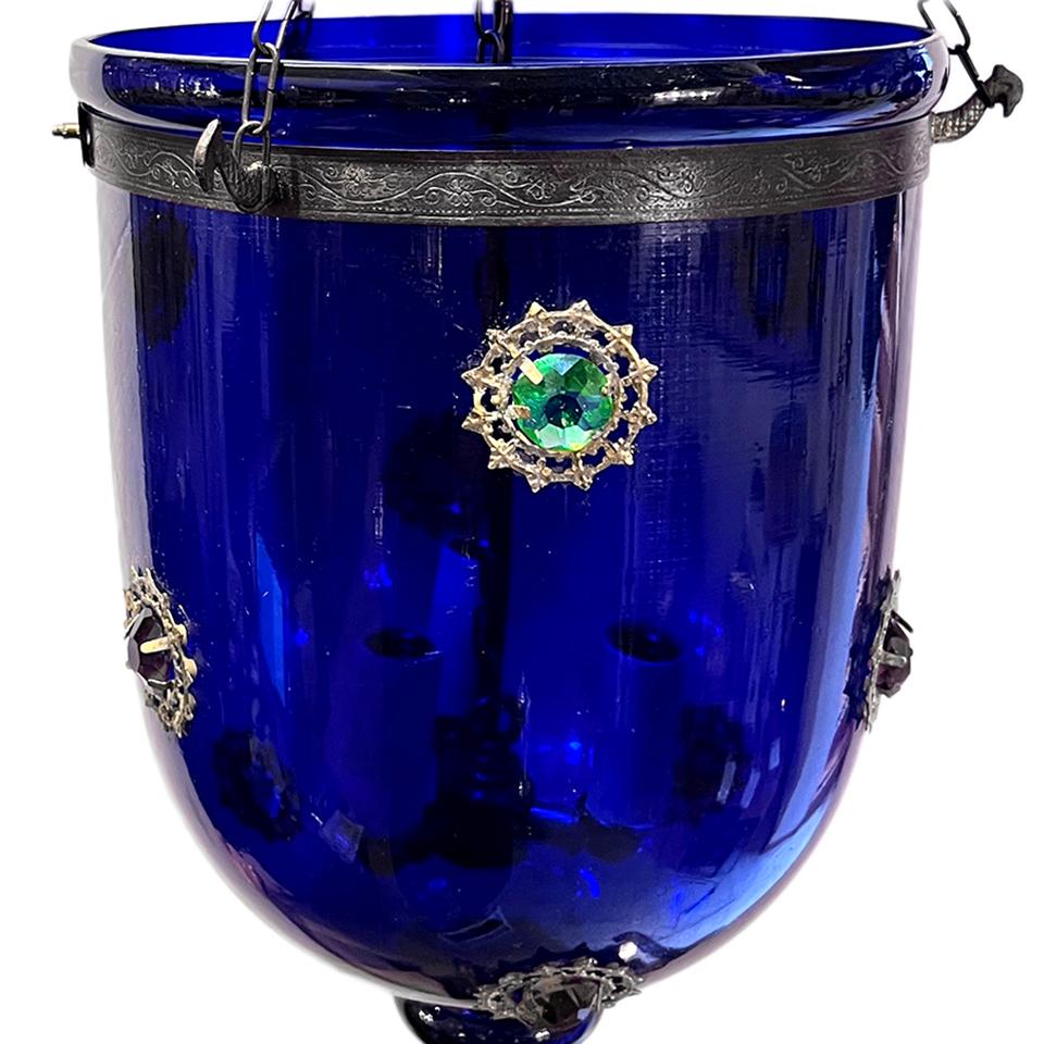 Hand-Crafted Vintage Cobalt Blue Glass Lantern For Sale