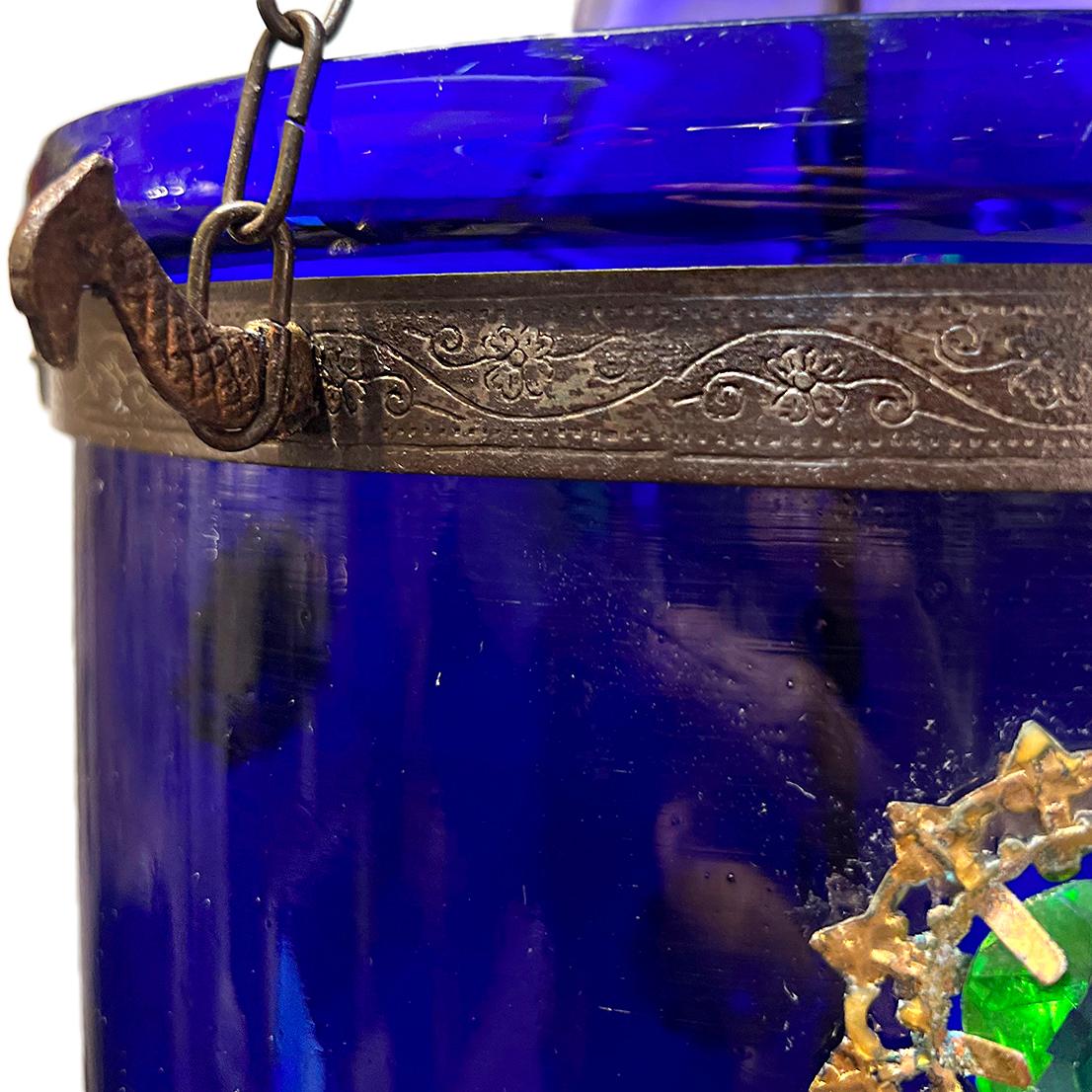 Vintage Cobalt Blue Glass Lantern In Good Condition For Sale In New York, NY
