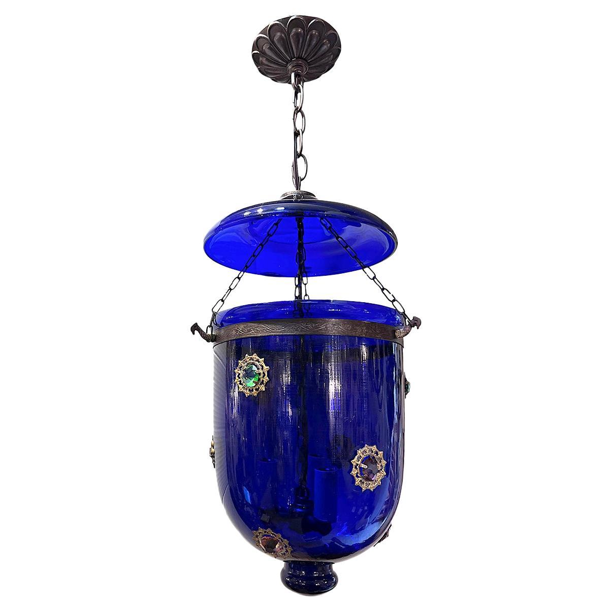 Lanterne vintage en verre bleu cobalt