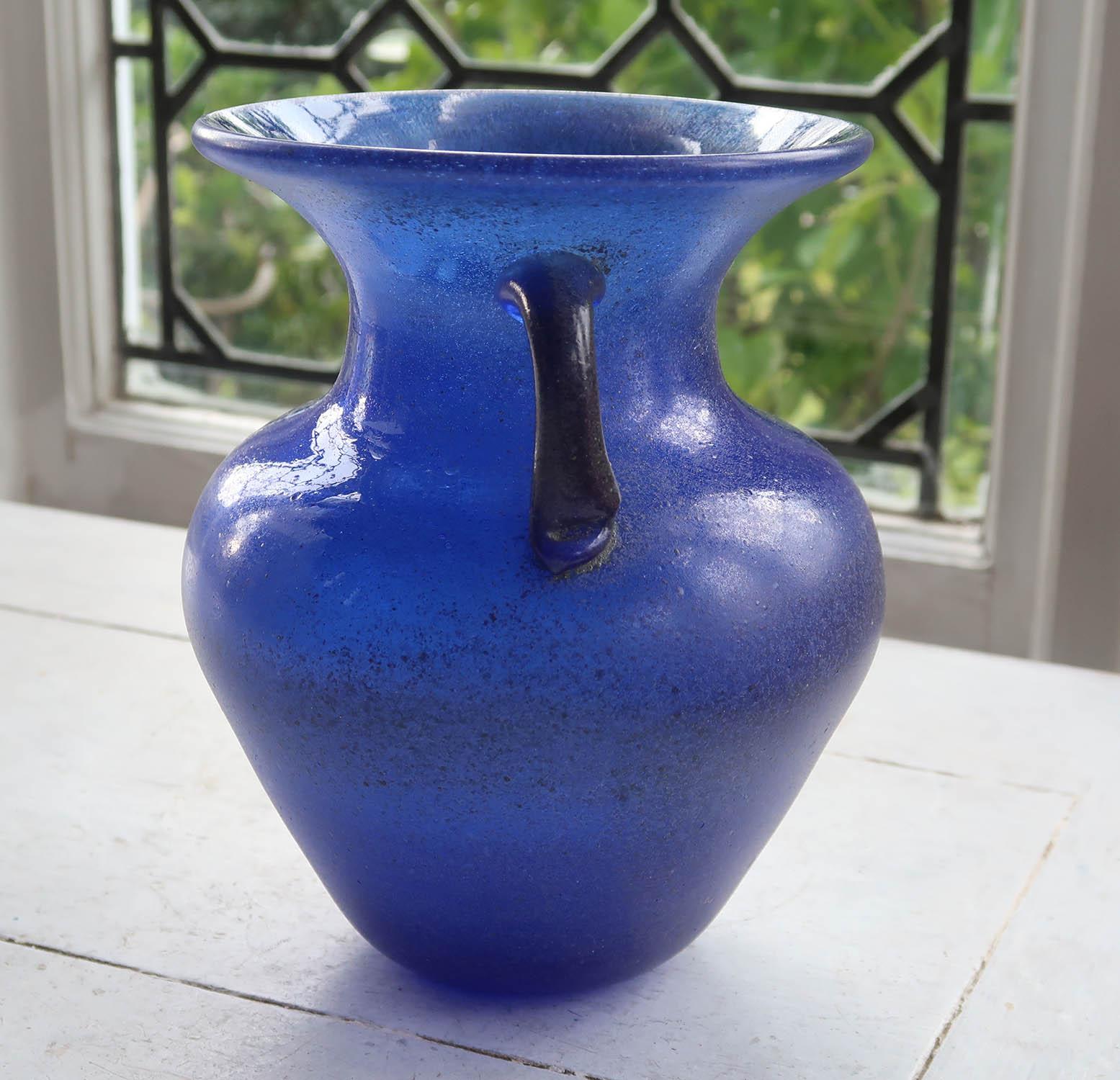 Greco Roman Vintage Cobalt Blue Glass Vase In Roman Style.