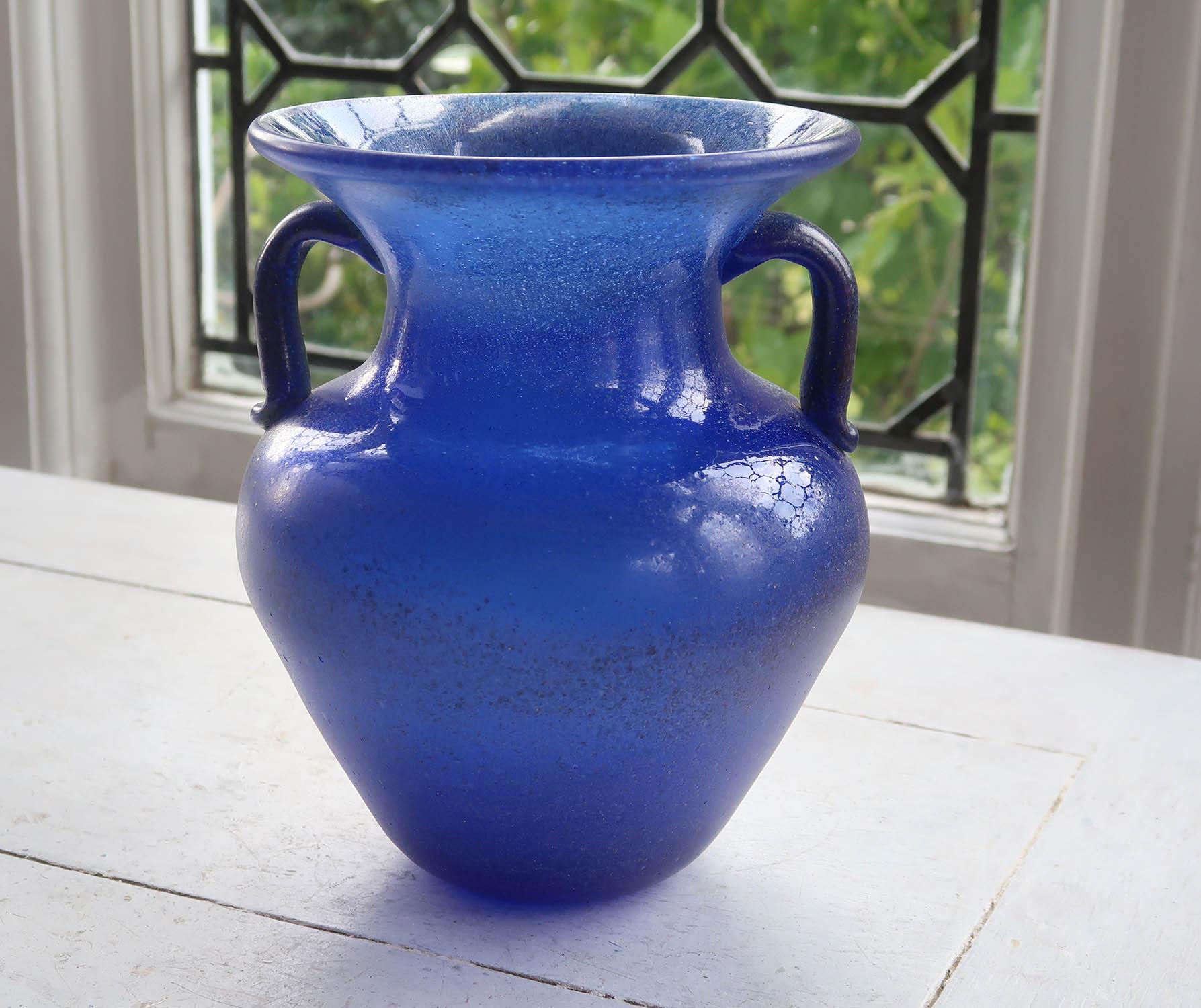 Italian Vintage Cobalt Blue Glass Vase In Roman Style.
