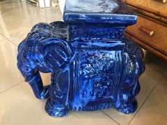 Vintage Cobalt Blue Glazed Elephant Garden Stool Stand