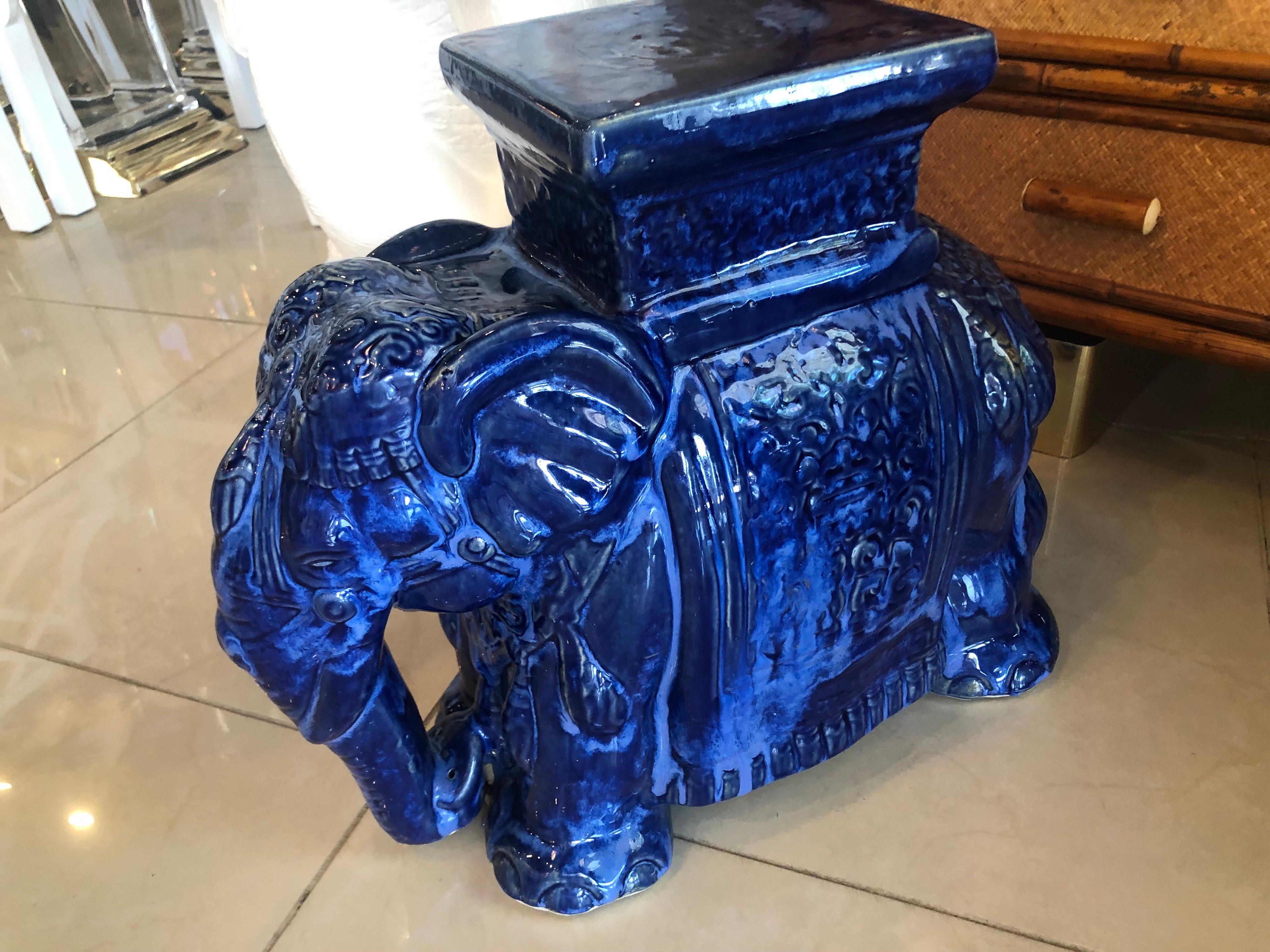 Vintage Cobalt Blue Glazed Elephant Garden Stool Stand