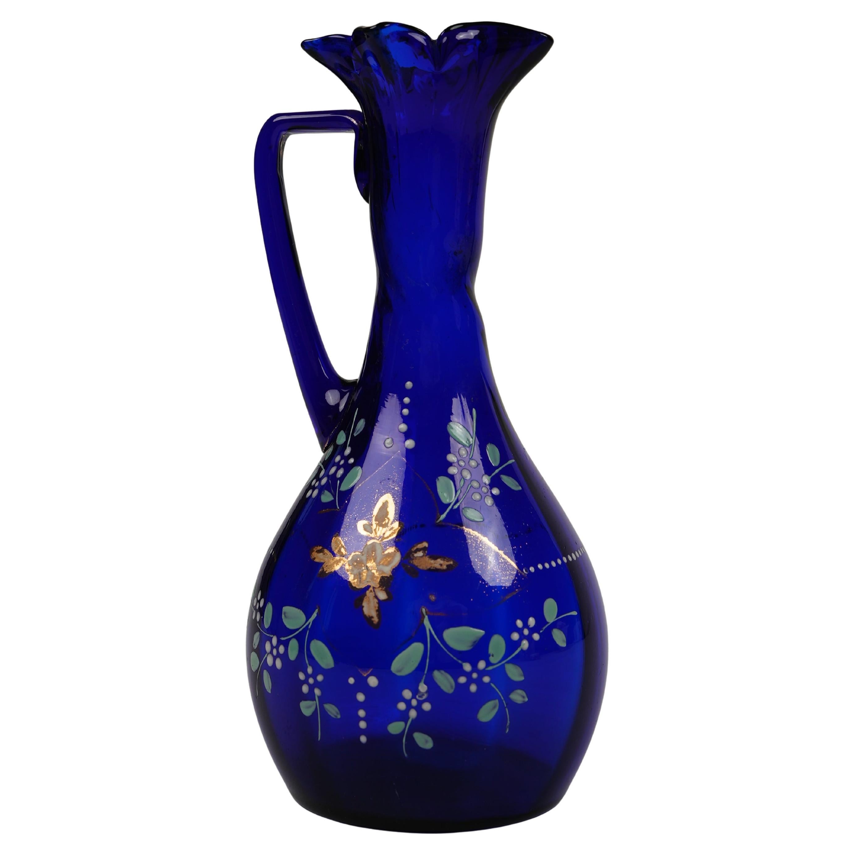 Vintage Kobaltblaue mundgeblasene Glasvase, handbemalt