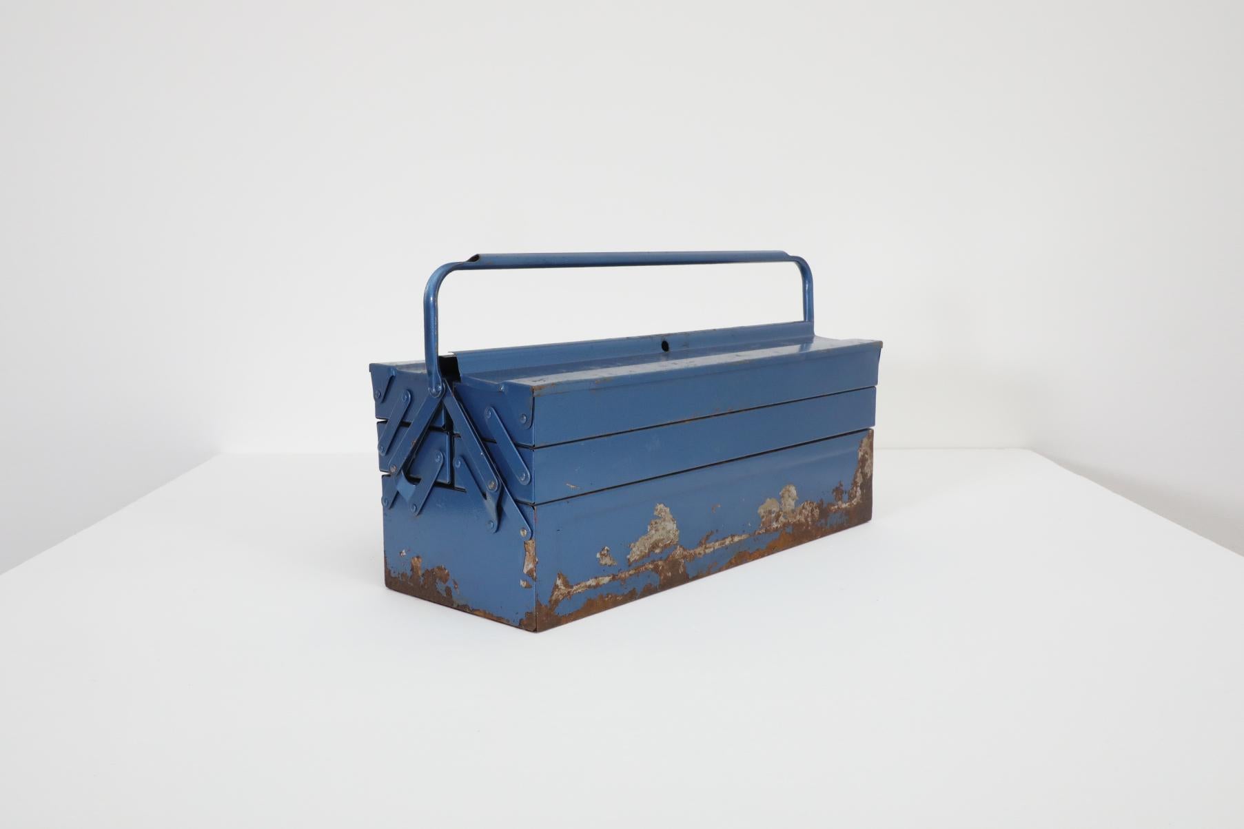 Industrial Vintage Cobalt Blue Metal Tool or Tackle Box For Sale
