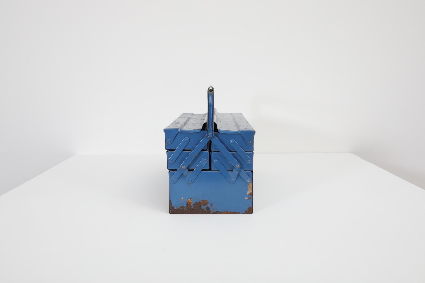 German Vintage Cobalt Blue Metal Tool or Tackle Box For Sale