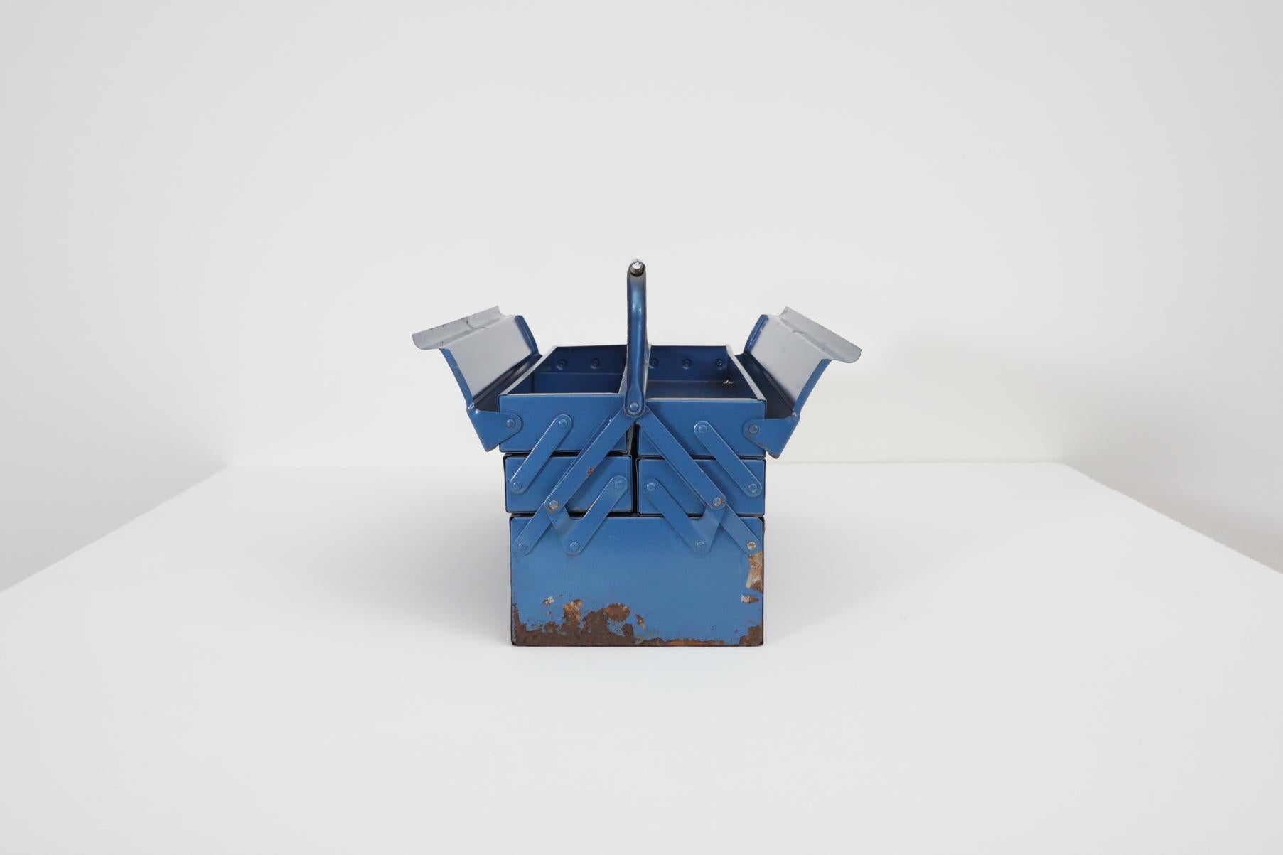 Vintage Cobalt Blue Metal Tool or Tackle Box In Good Condition For Sale In Los Angeles, CA