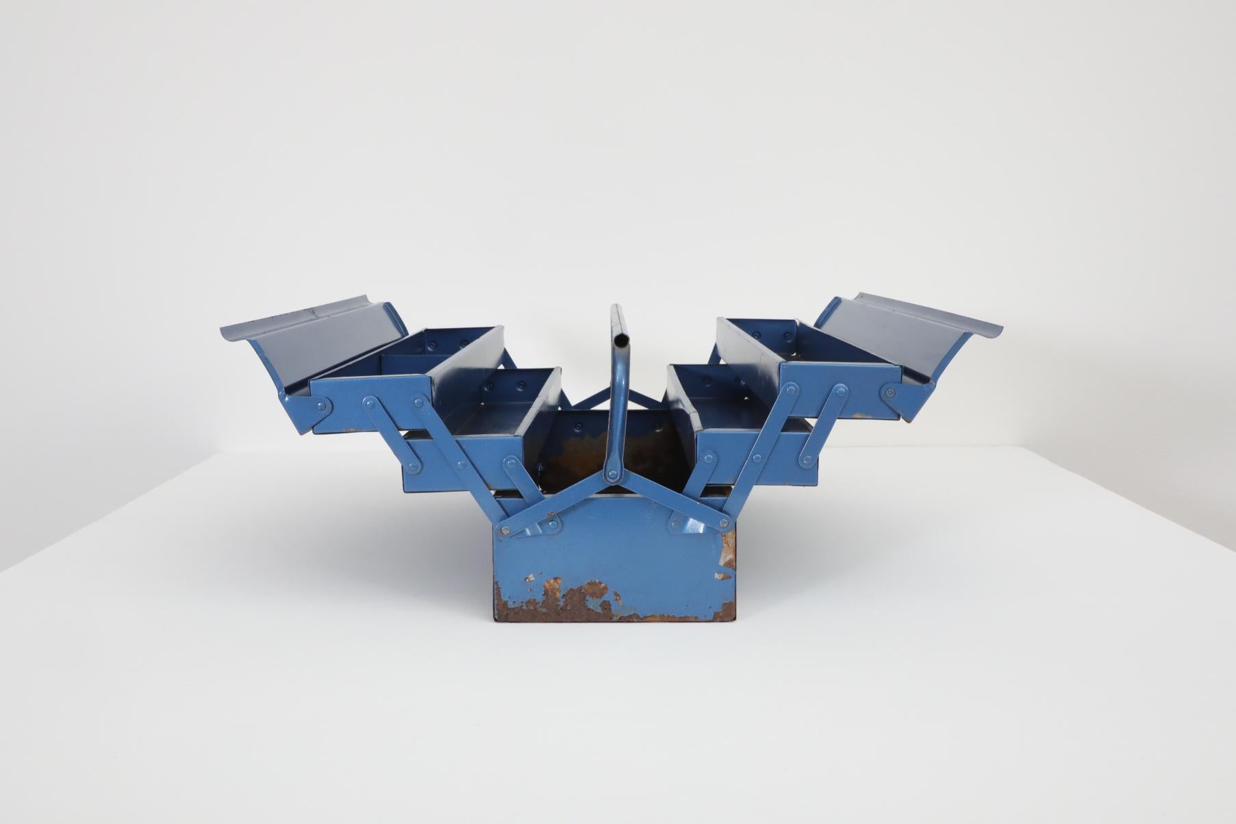 20th Century Vintage Cobalt Blue Metal Tool or Tackle Box For Sale