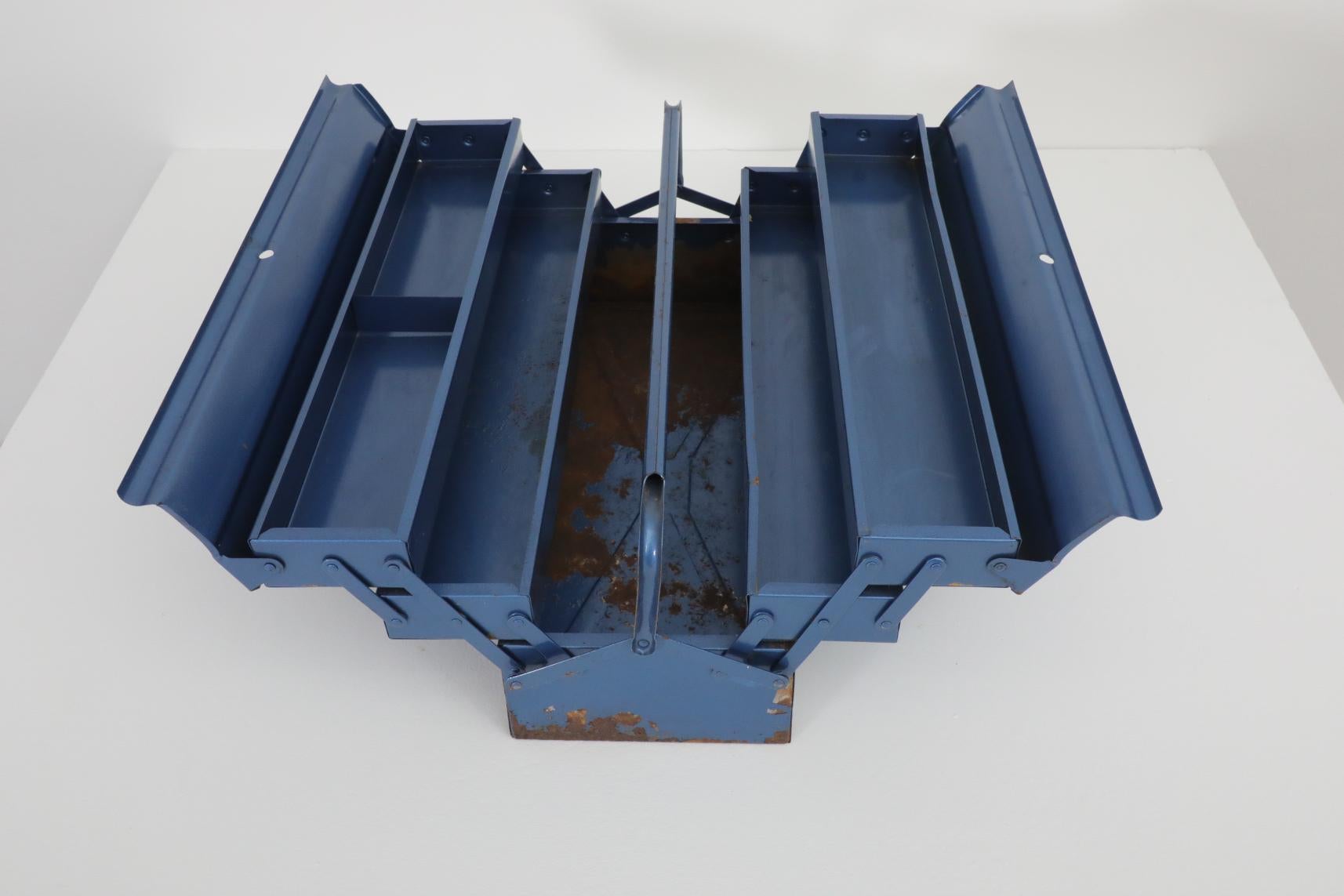 Vintage Cobalt Blue Metal Tool or Tackle Box For Sale 1