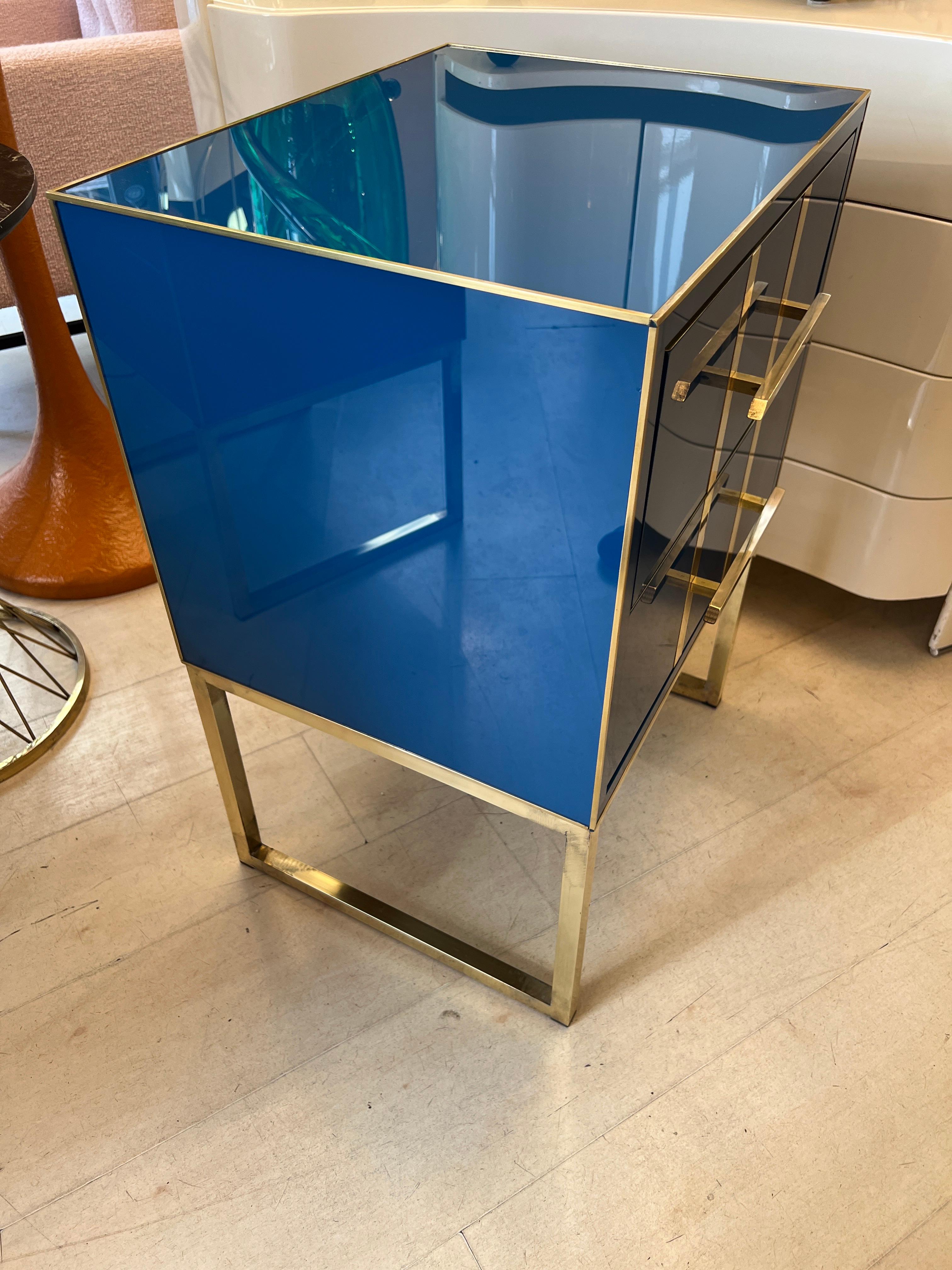 Vintage Cobalt Blue Opaline Glass Nightstands, Brass Handles and Inlays, 1980 For Sale 4