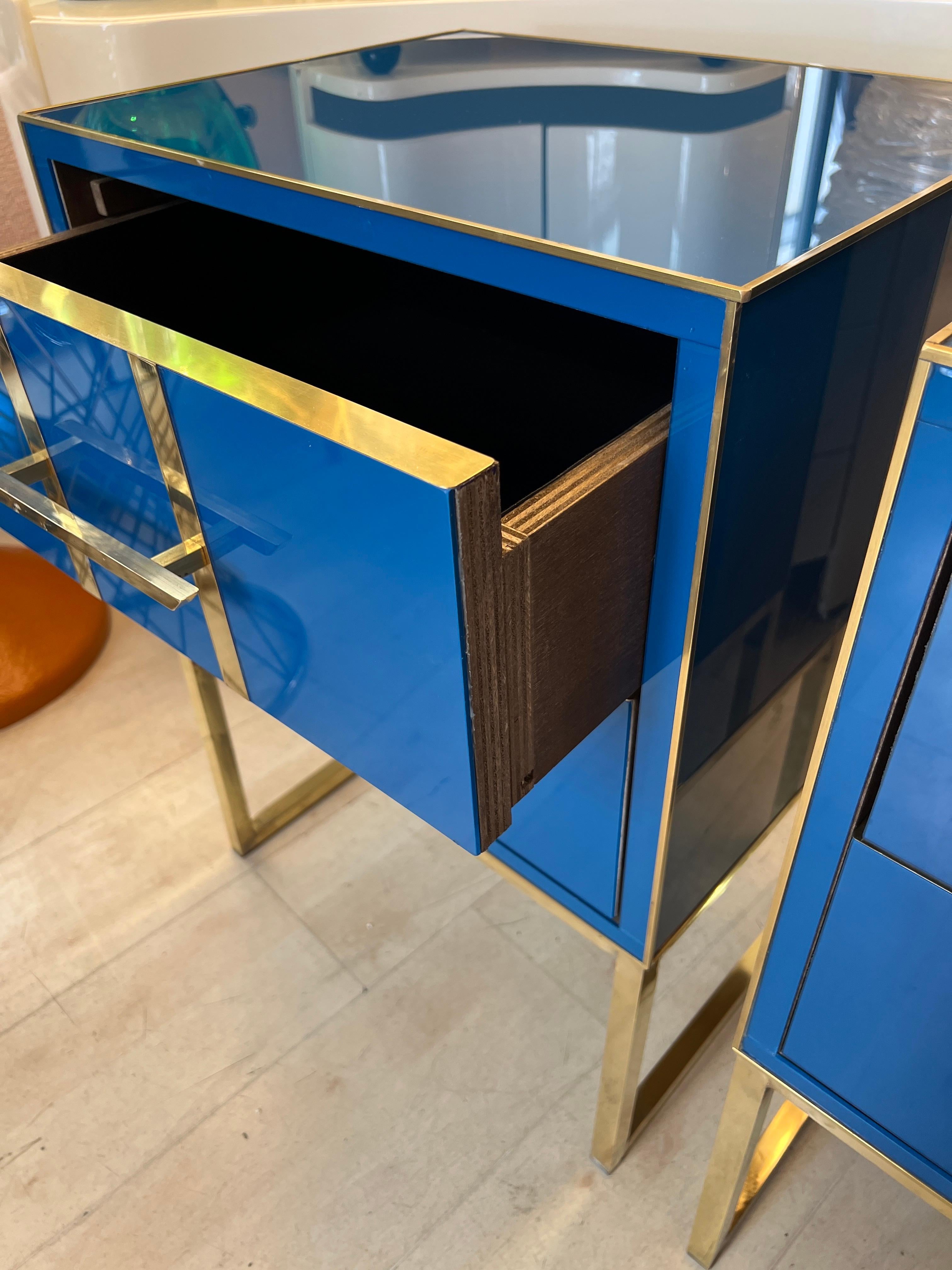 Vintage Cobalt Blue Opaline Glass Nightstands, Brass Handles and Inlays, 1980 For Sale 5