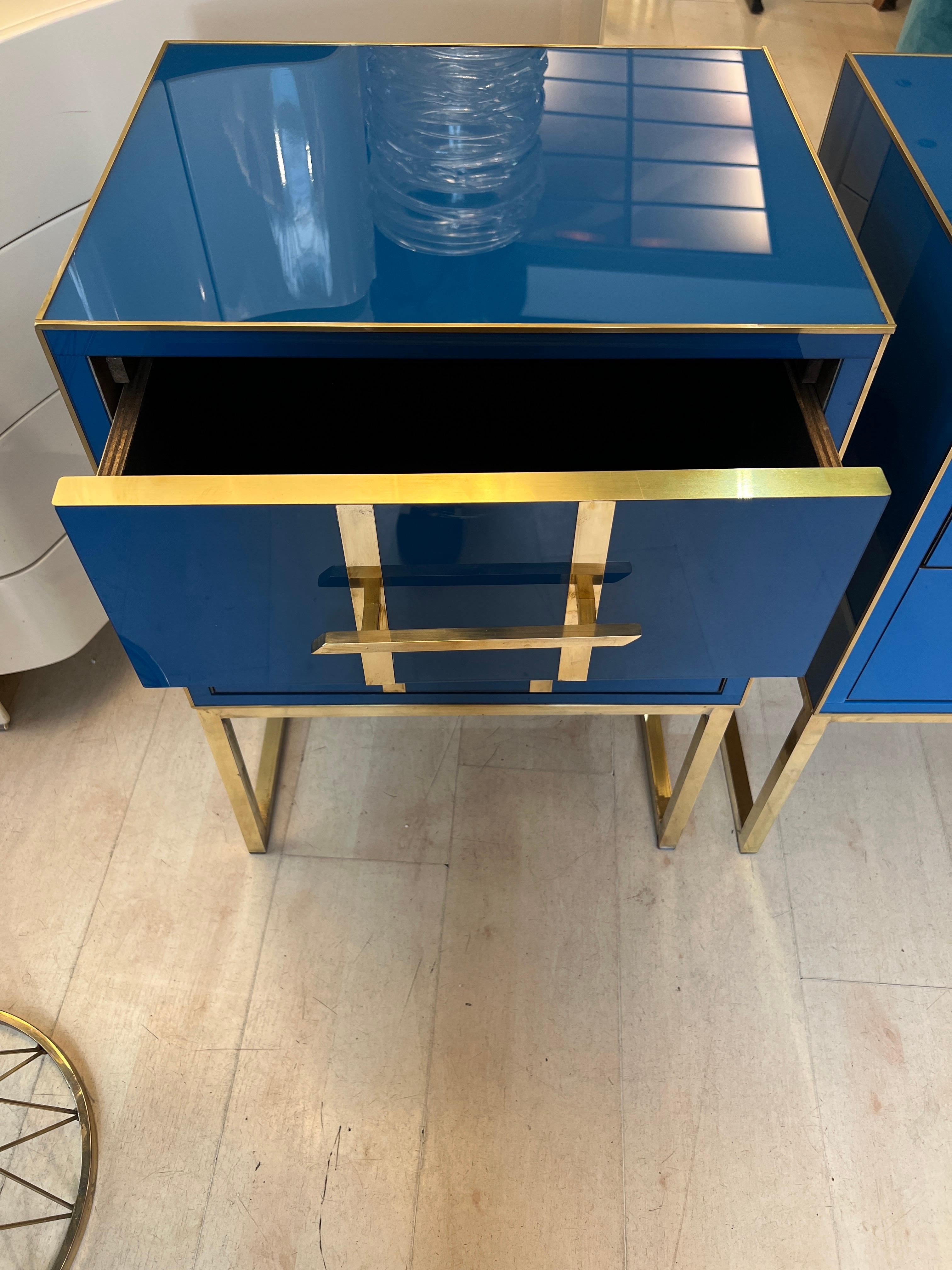 Vintage Cobalt Blue Opaline Glass Nightstands, Brass Handles and Inlays, 1980 For Sale 6
