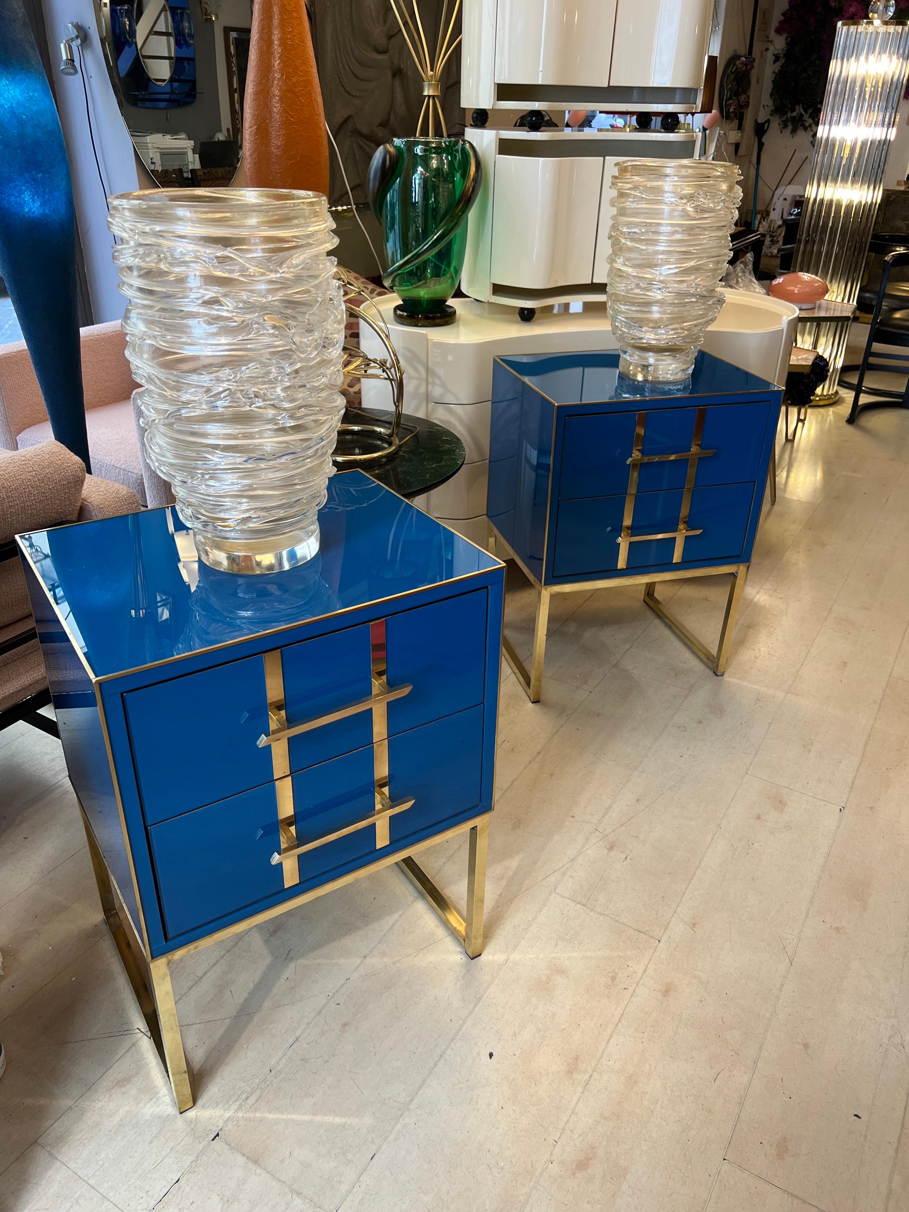 Vintage Cobalt Blue Opaline Glass Nightstands, Brass Handles and Inlays, 1980 For Sale 7