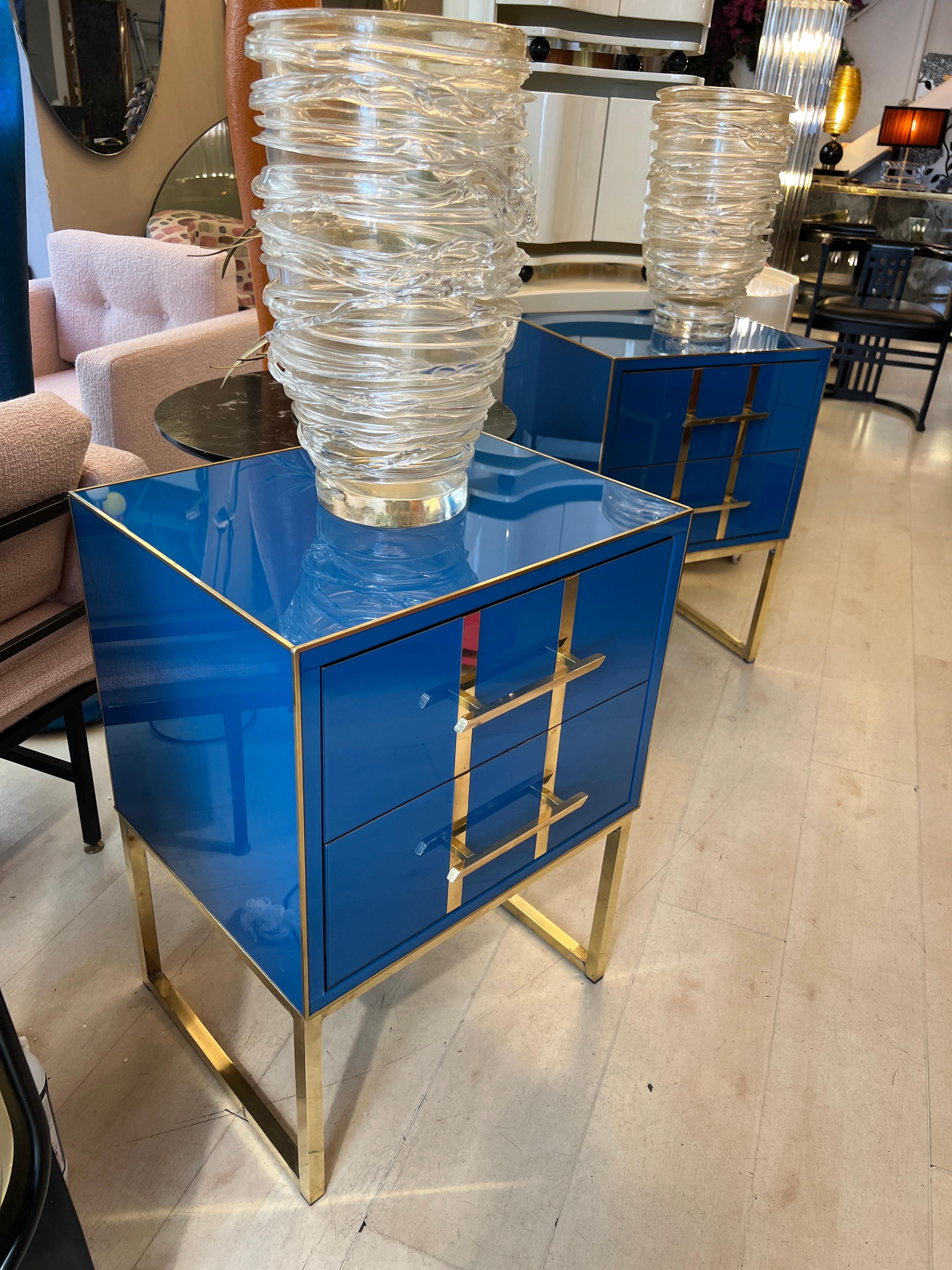 Vintage Cobalt Blue Opaline Glass Nightstands, Brass Handles and Inlays, 1980 For Sale 8