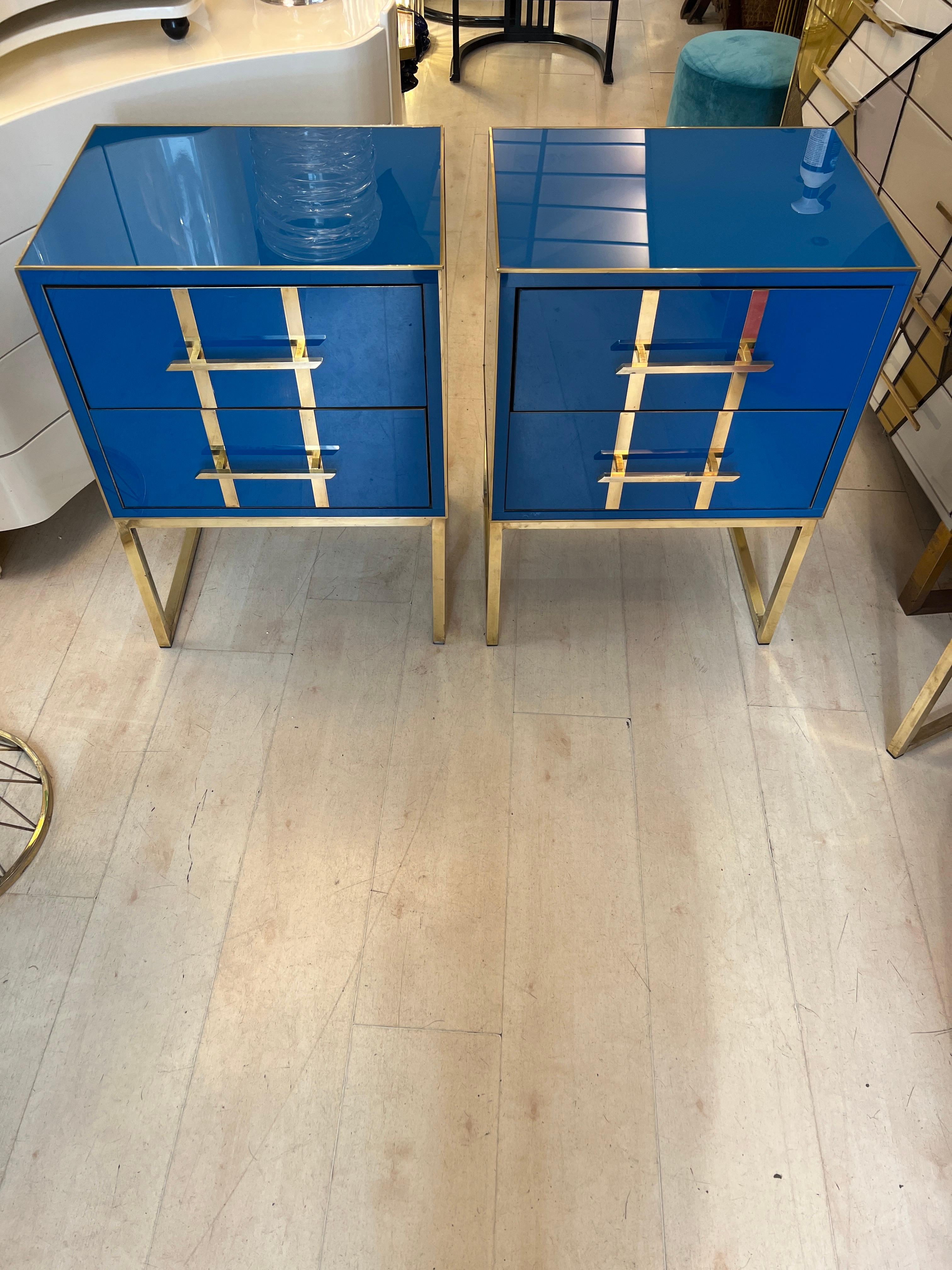 Pair of Vintage Cobalt Blue Opaline Glass Nightstands with two drawers, brass handles, inlays and legs. The inside of the drawers have been covered in black velvet.