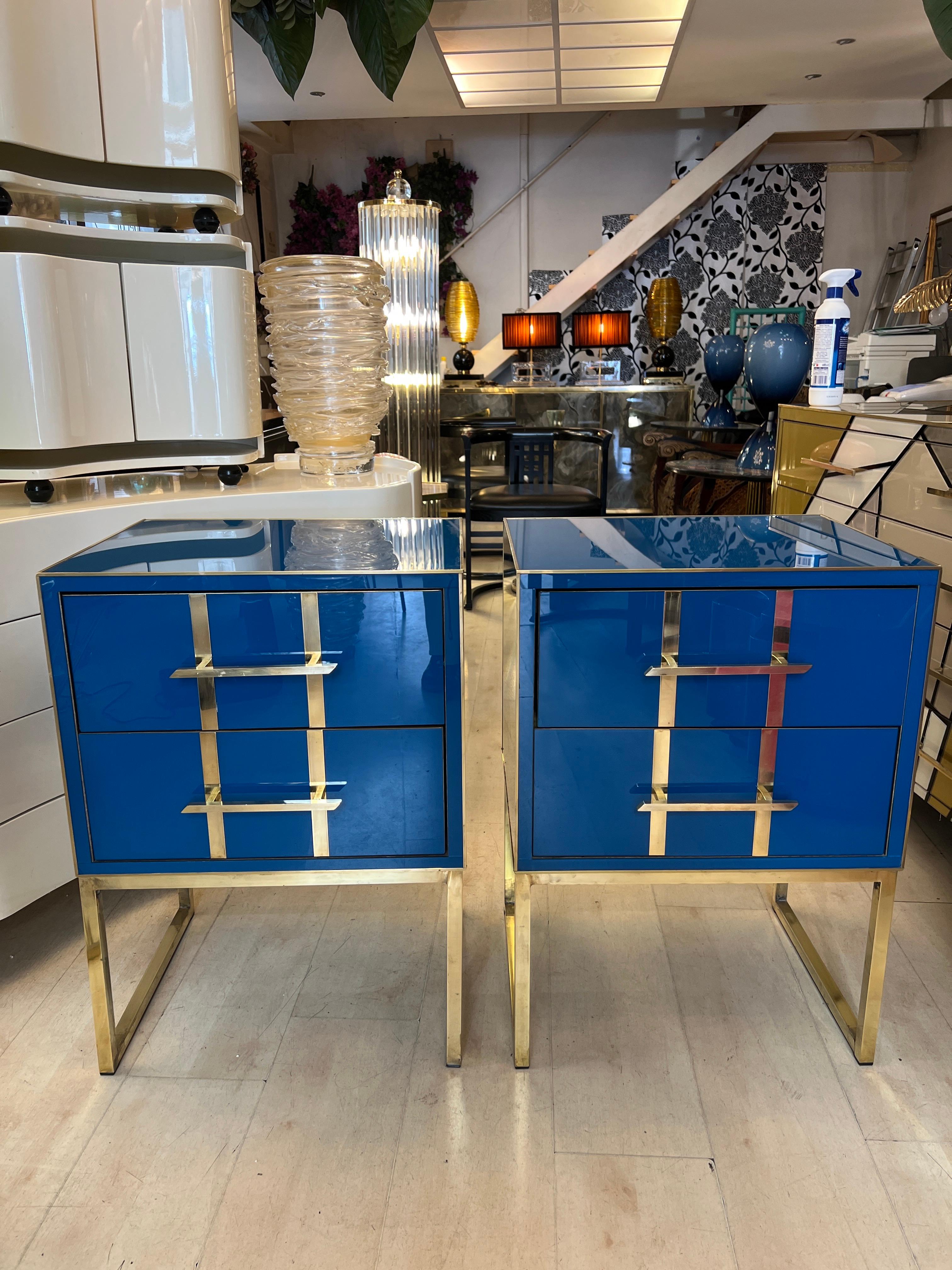 Modern Vintage Cobalt Blue Opaline Glass Nightstands, Brass Handles and Inlays, 1980 For Sale