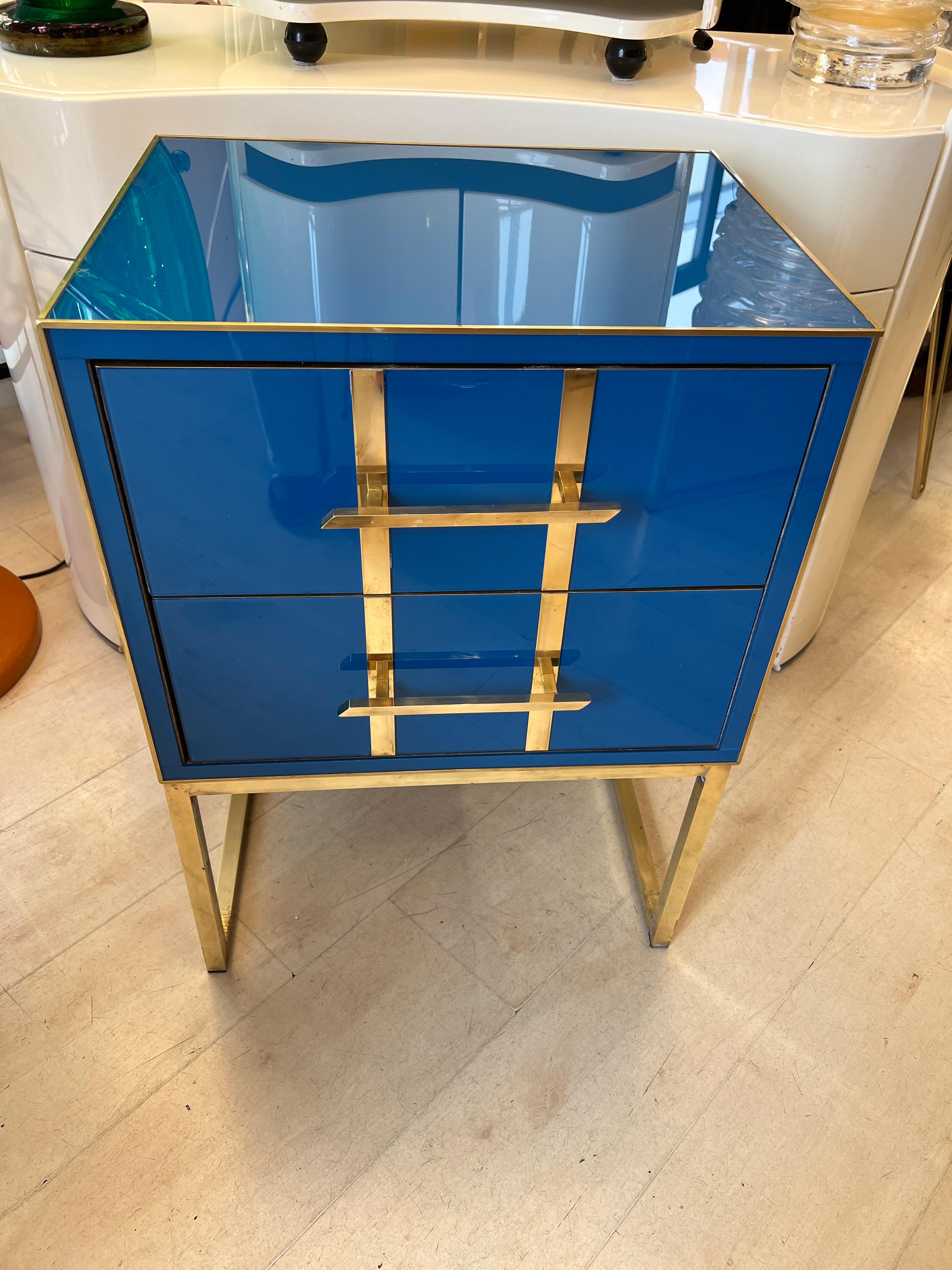 Italian Vintage Cobalt Blue Opaline Glass Nightstands, Brass Handles and Inlays, 1980 For Sale
