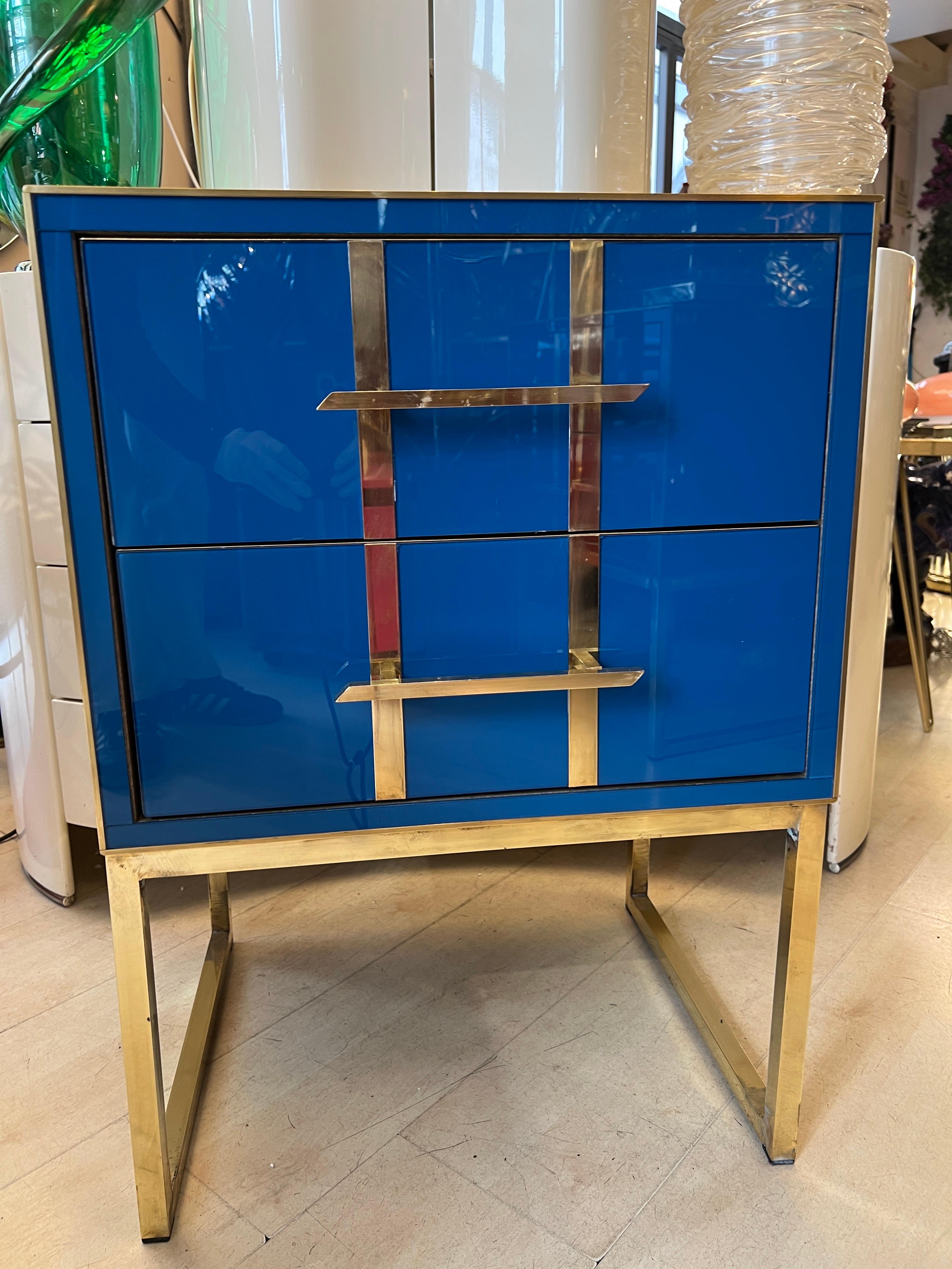 Vintage Cobalt Blue Opaline Glass Nightstands, Brass Handles and Inlays, 1980 In Good Condition For Sale In Florence, IT