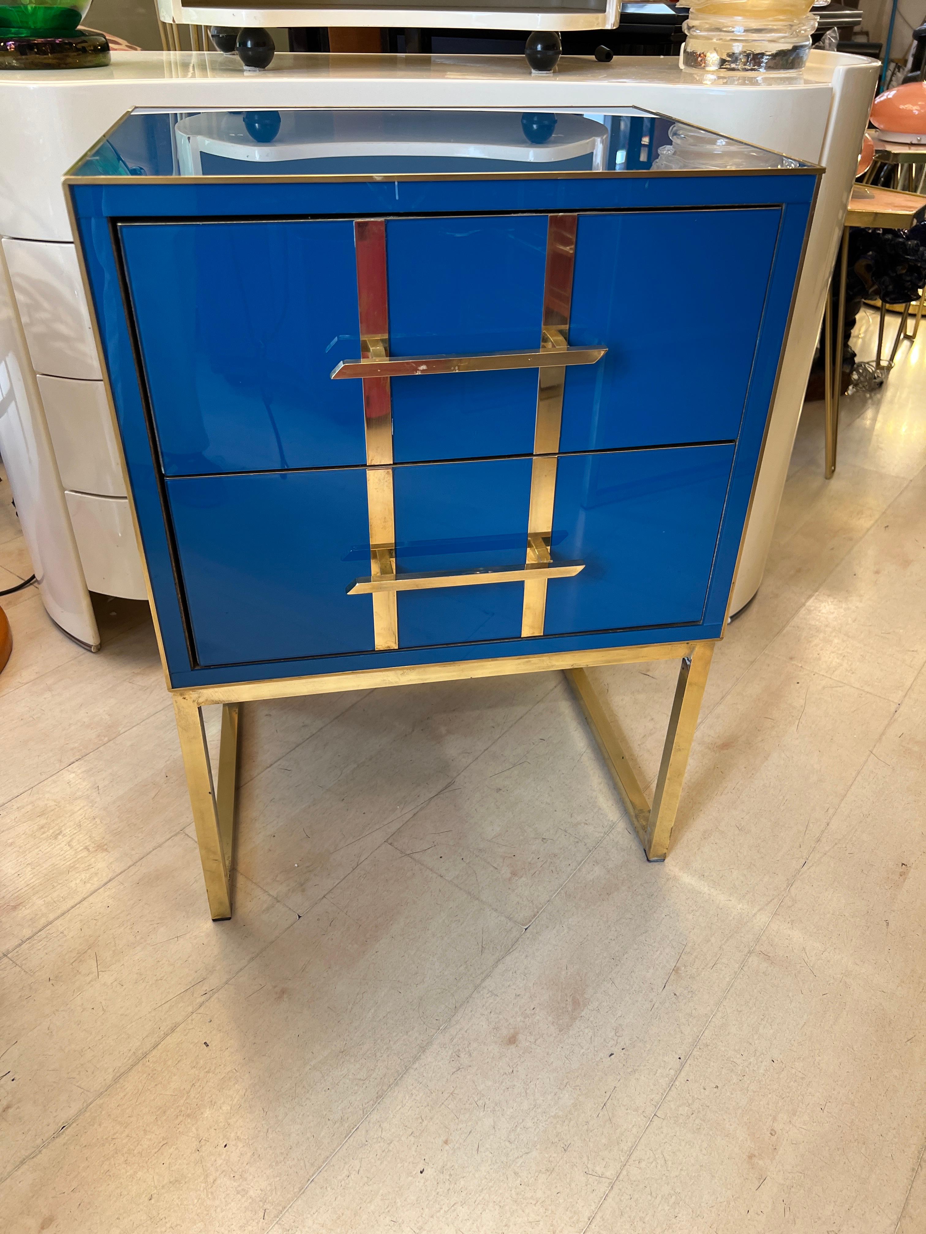 Late 20th Century Vintage Cobalt Blue Opaline Glass Nightstands, Brass Handles and Inlays, 1980 For Sale