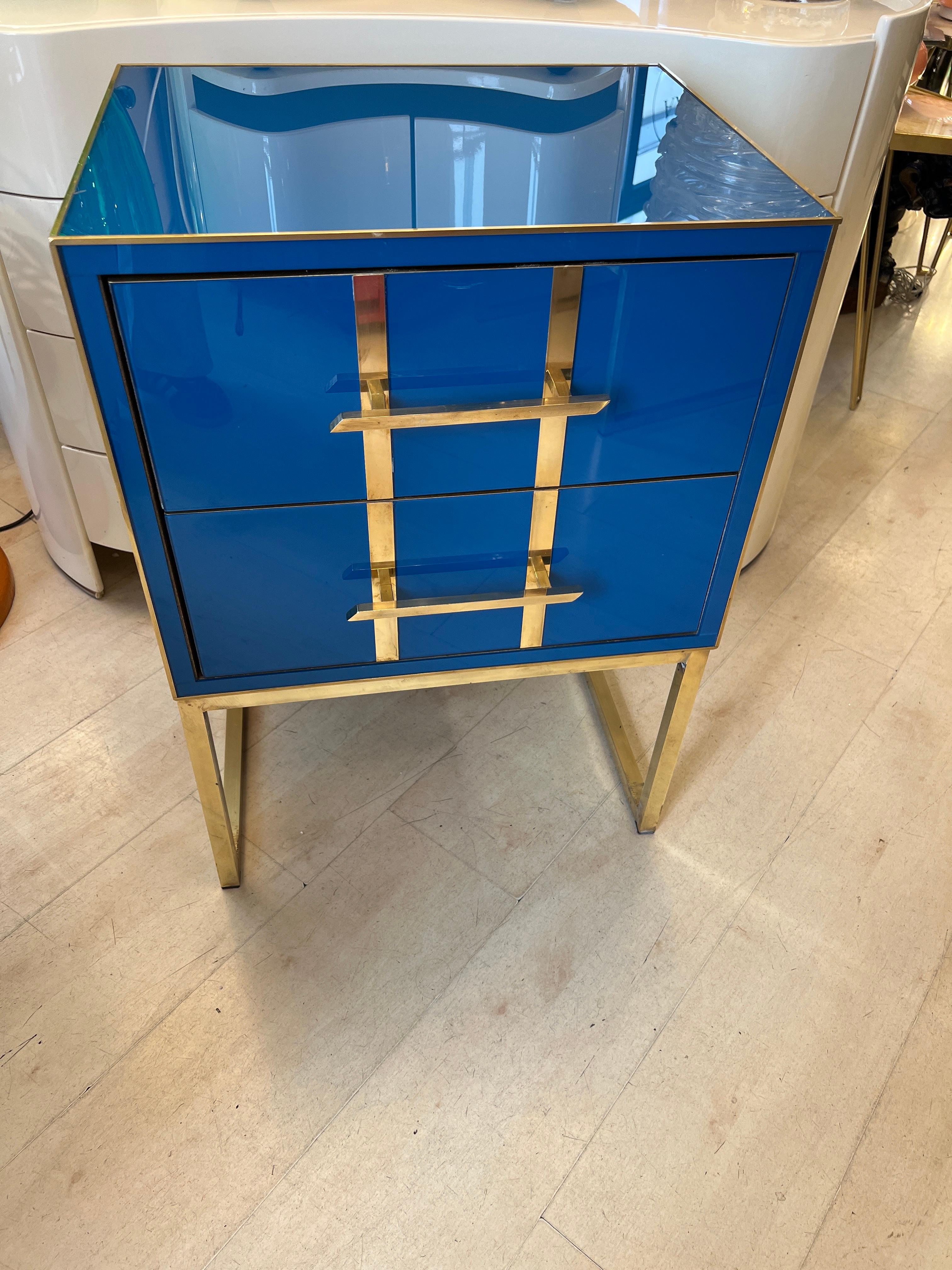 Vintage Cobalt Blue Opaline Glass Nightstands, Brass Handles and Inlays, 1980 For Sale 1