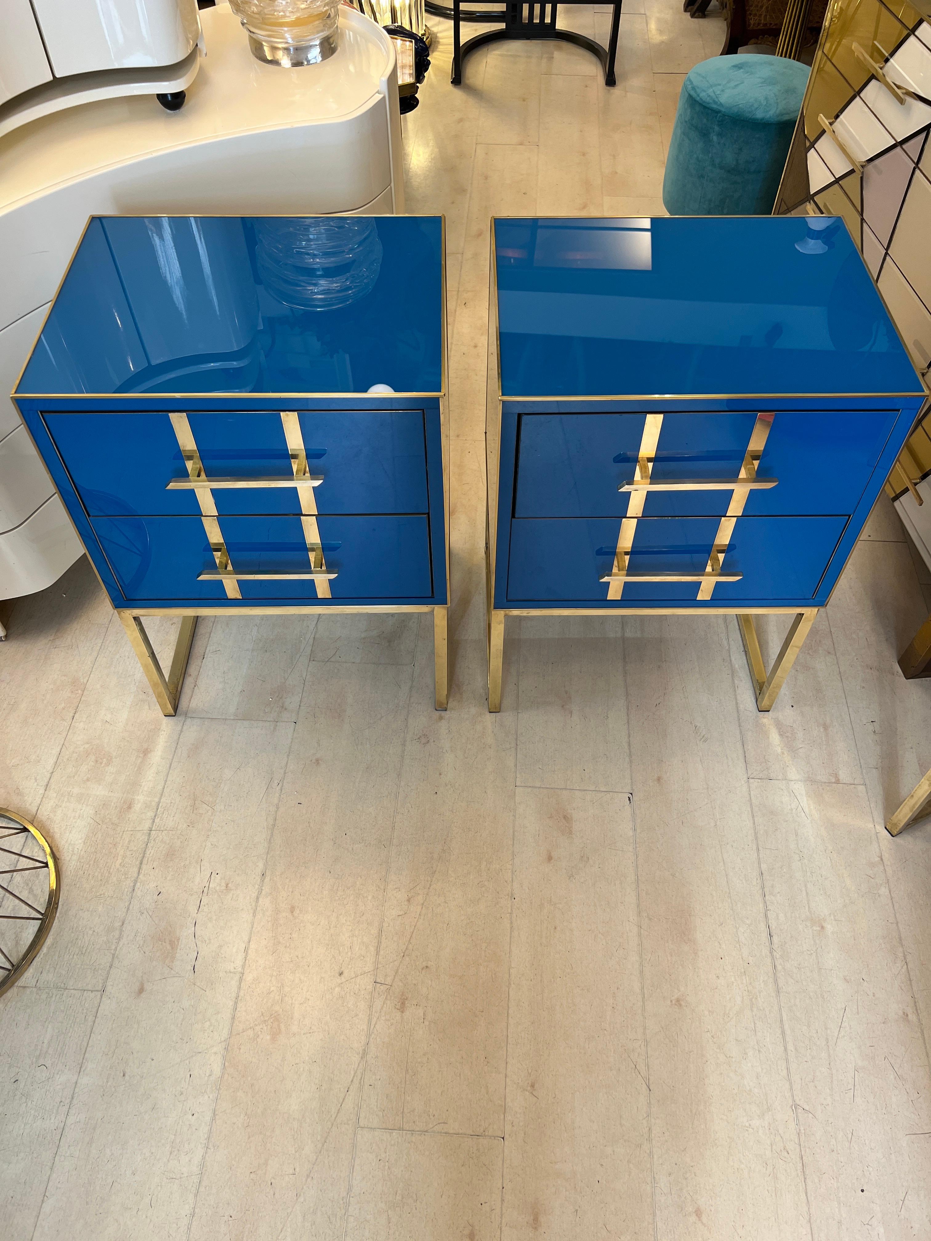 Vintage Cobalt Blue Opaline Glass Nightstands, Brass Handles and Inlays, 1980 For Sale 2