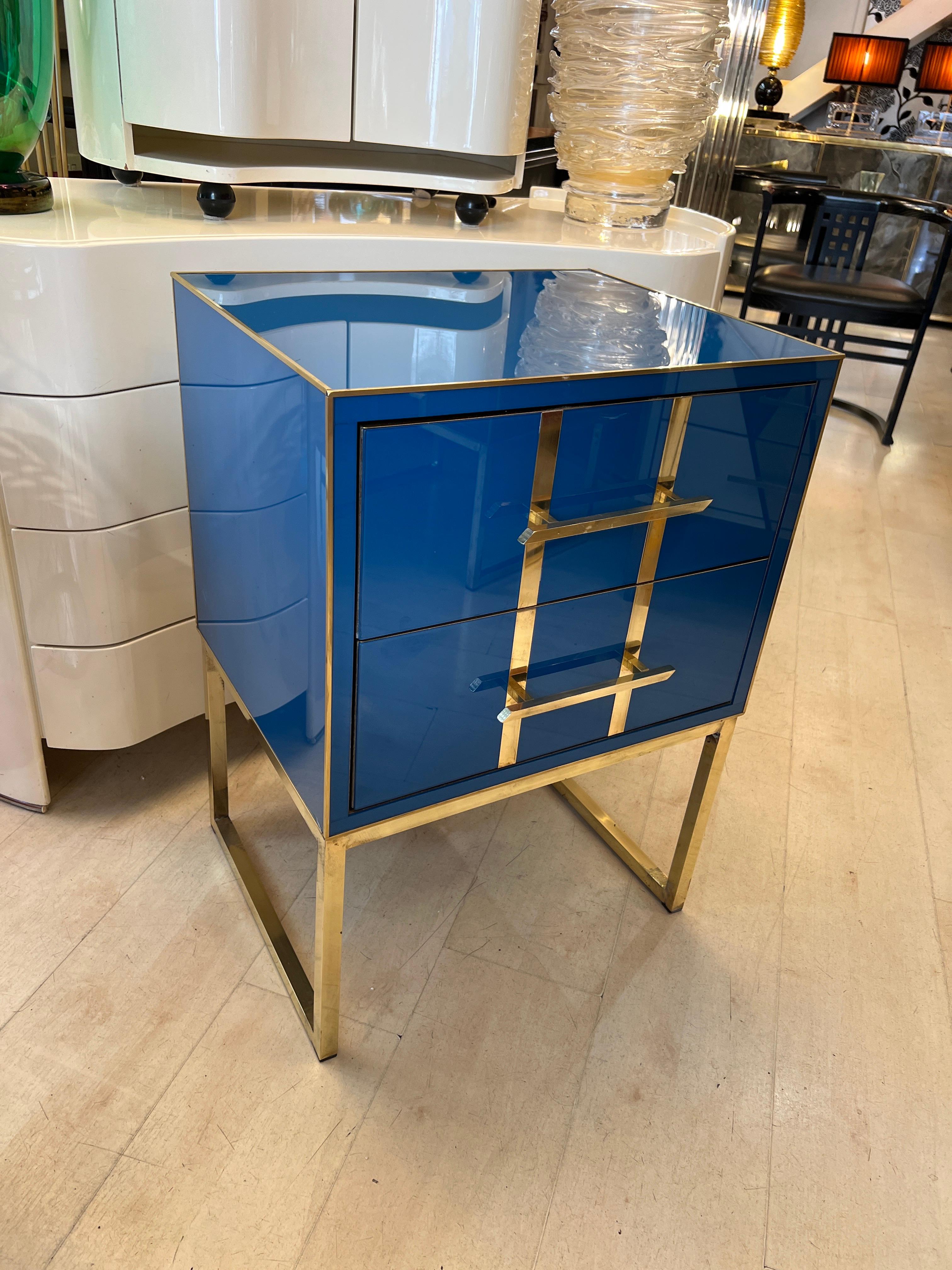 Vintage Cobalt Blue Opaline Glass Nightstands, Brass Handles and Inlays, 1980 For Sale 3