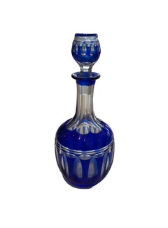Vintage Cobalt Blue Overlay Cut to Clear Glass Decanter