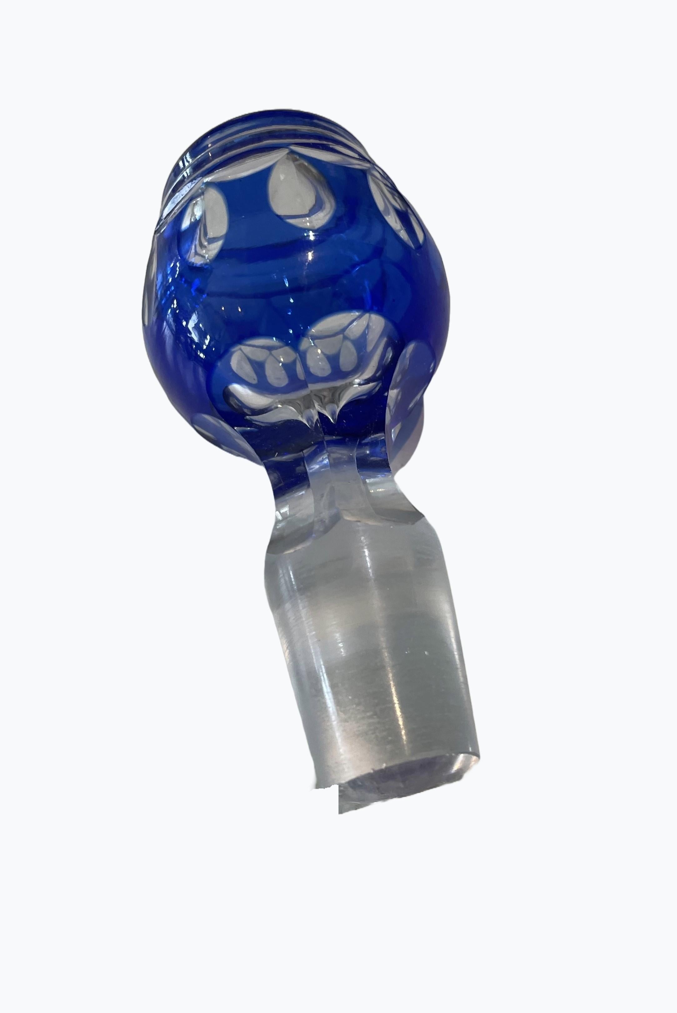 Czech Vintage Cobalt Blue Overlay Cut to Clear Glass Decanter For Sale