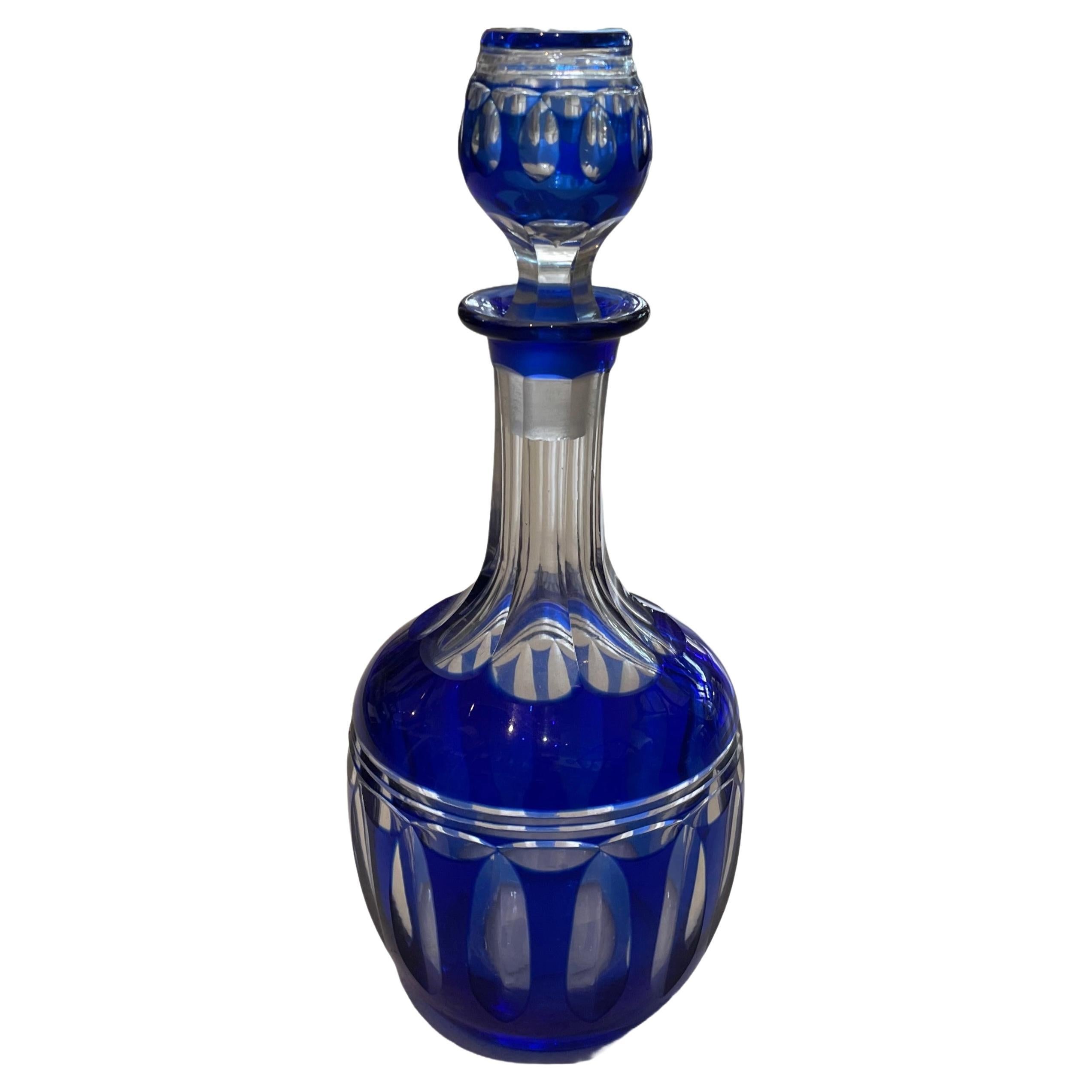 Vintage Cobalt Blue Overlay Cut to Clear Glass Decanter For Sale