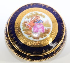 Boîte à bijoux vintage en or 22 carats bleu cobalt de Royal Limoges, France