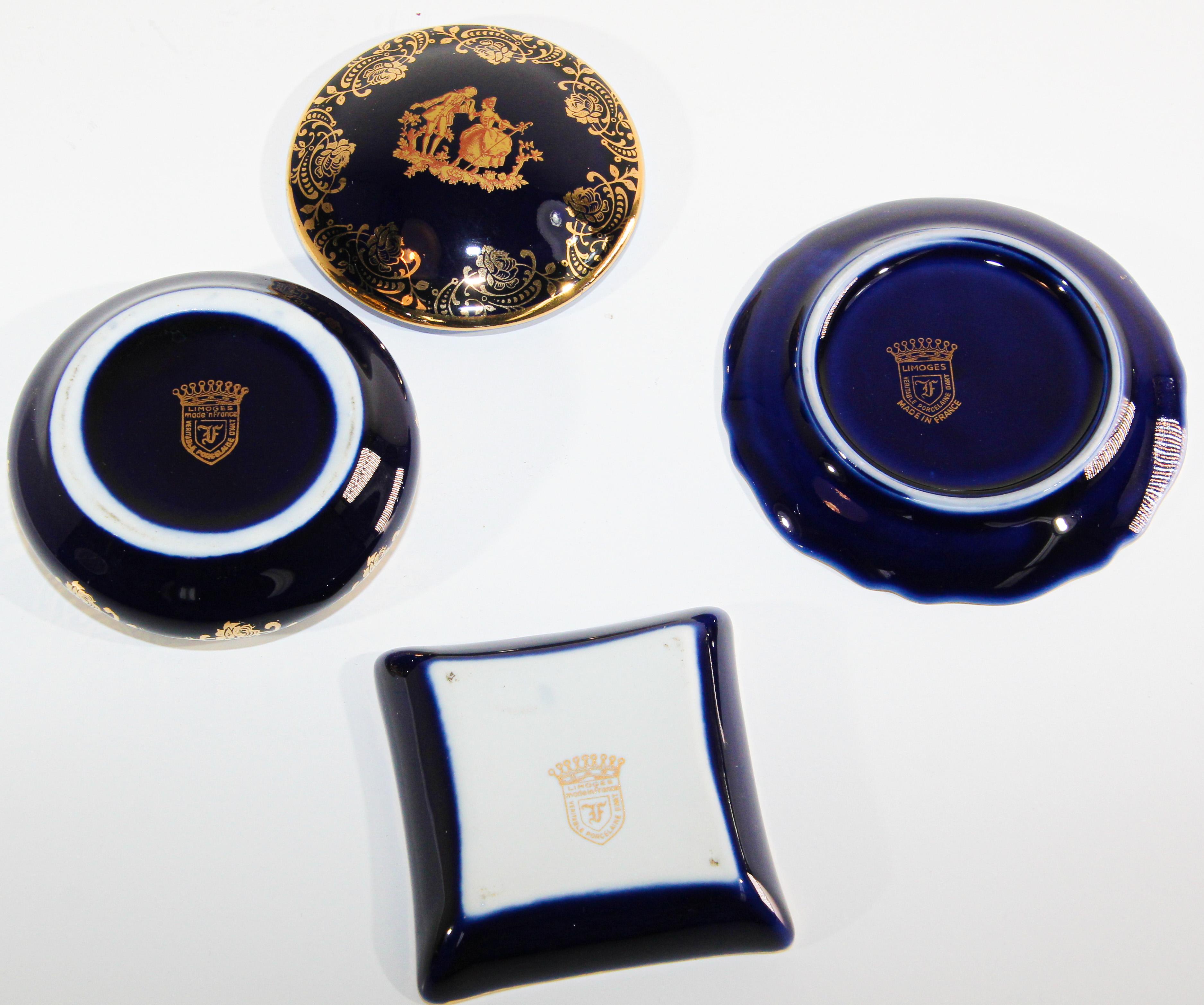 Louis XVI Vintage Cobalt Blue Royal Limoges France 22-Karat Gold Trinket Boxes Set For Sale