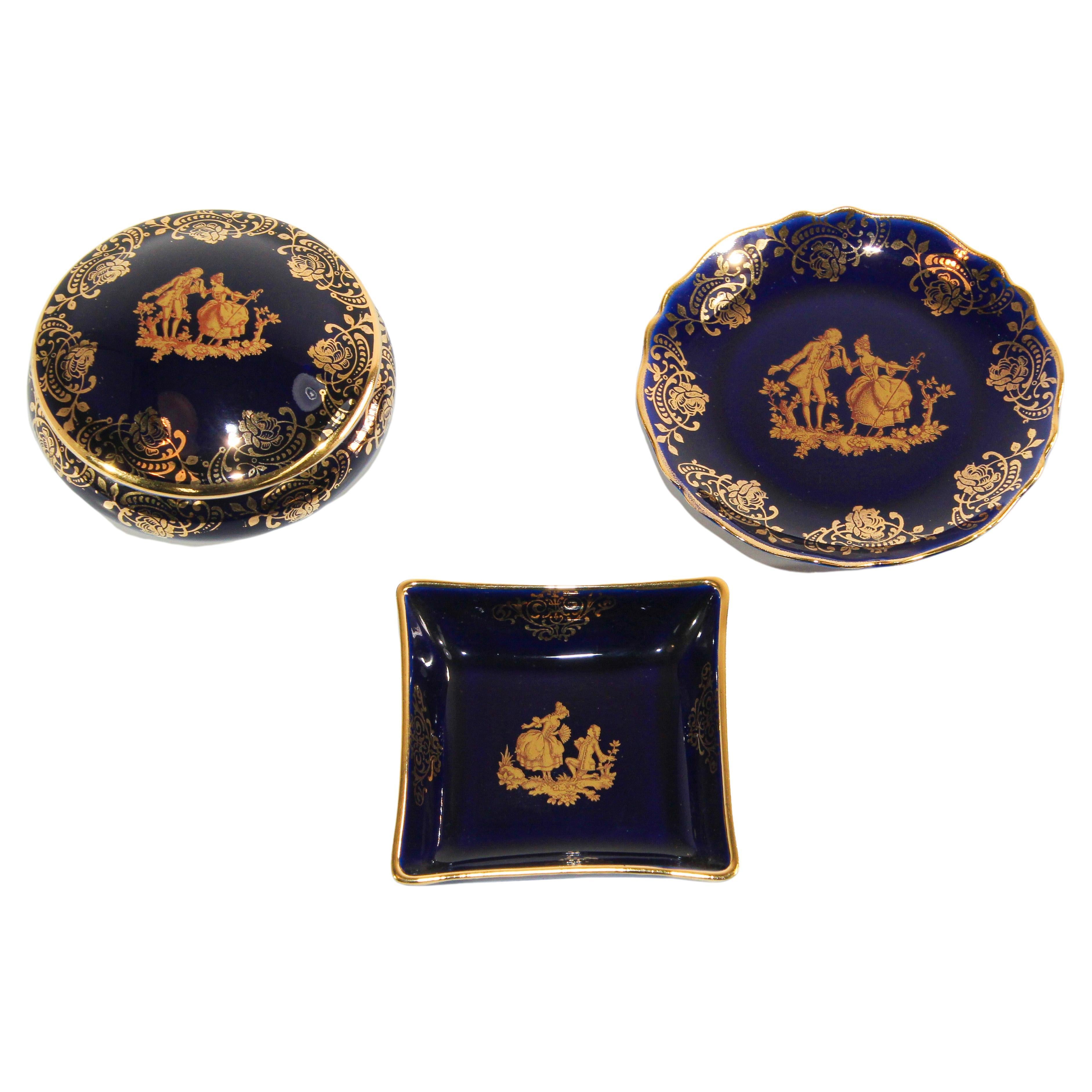 Boîtes à bijoux vintage Royal Limoges en or 22 carats bleu cobalt, France