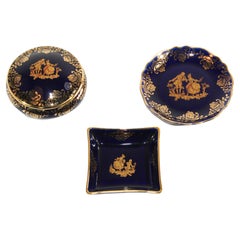 Vintage Cobalt Blue Royal Limoges France 22-Karat Gold Trinket Boxes Set