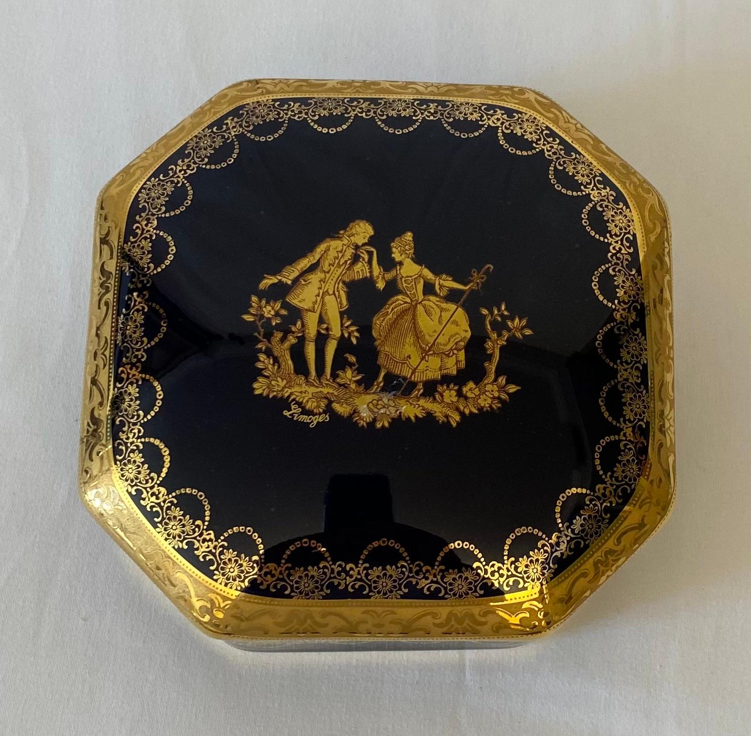 Hand-Painted Vintage French Cobalt Blue Royal Limoges Gold Trinket or Jewelry Box