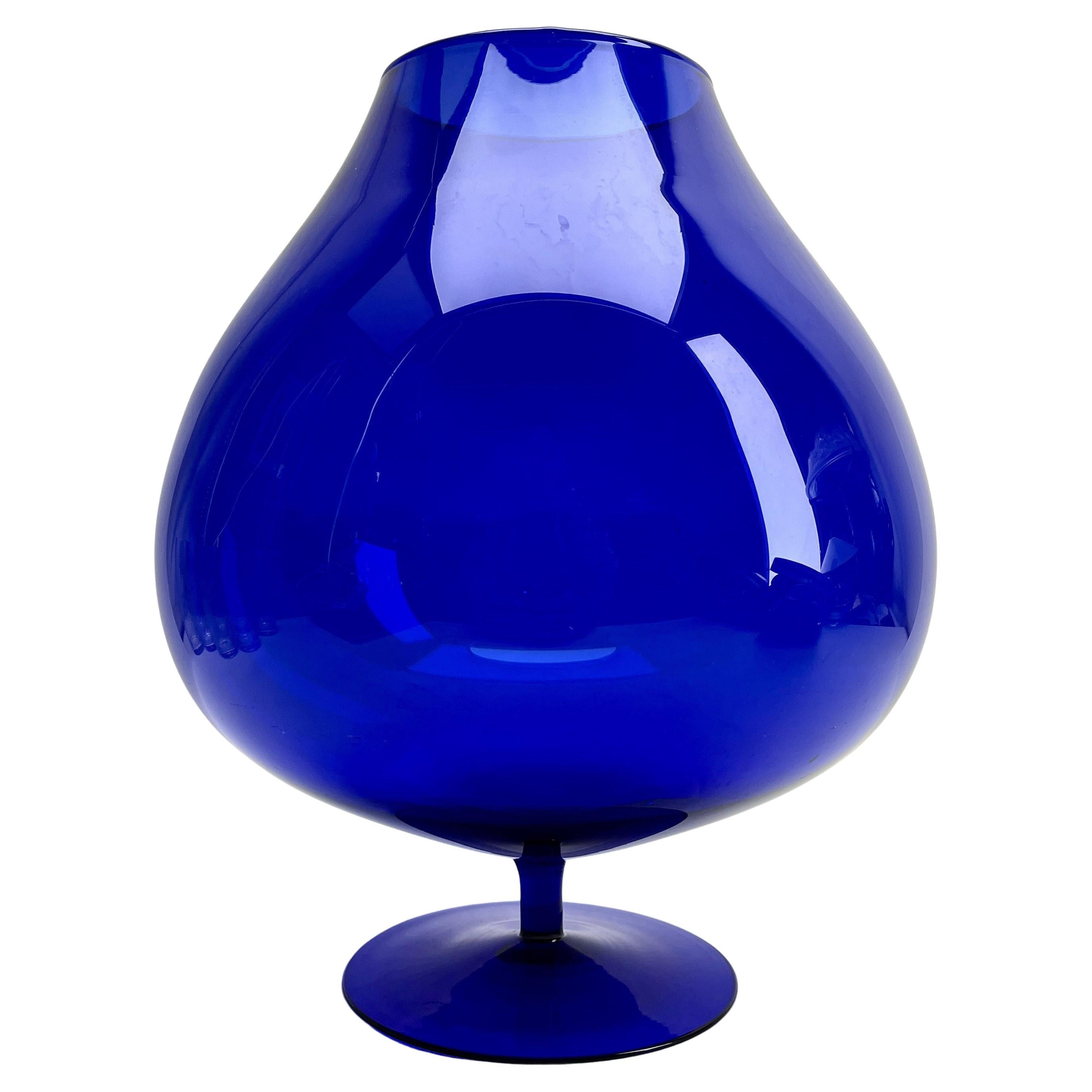 Vintage Cobalt Opalescent Italian Opaline Vase on Foot from Florence, 1960s For Sale