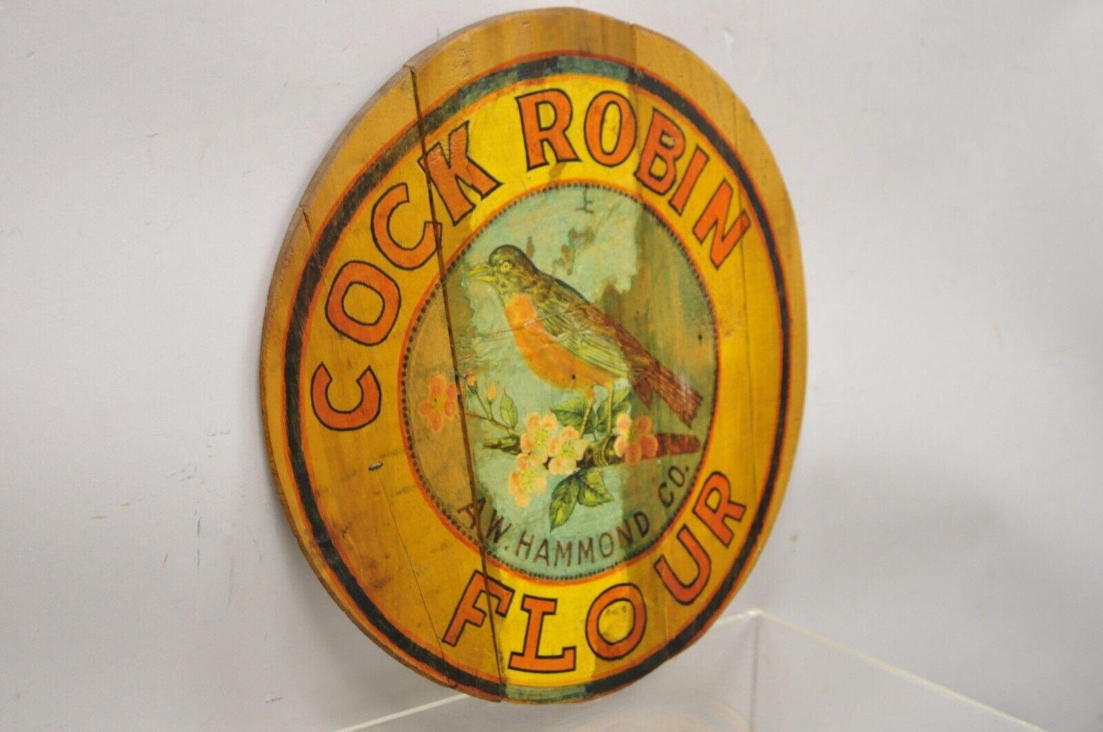 Victorian Vintage Cock Robin Flour AW Hammond Co Round Wood Advertisement Plaque For Sale