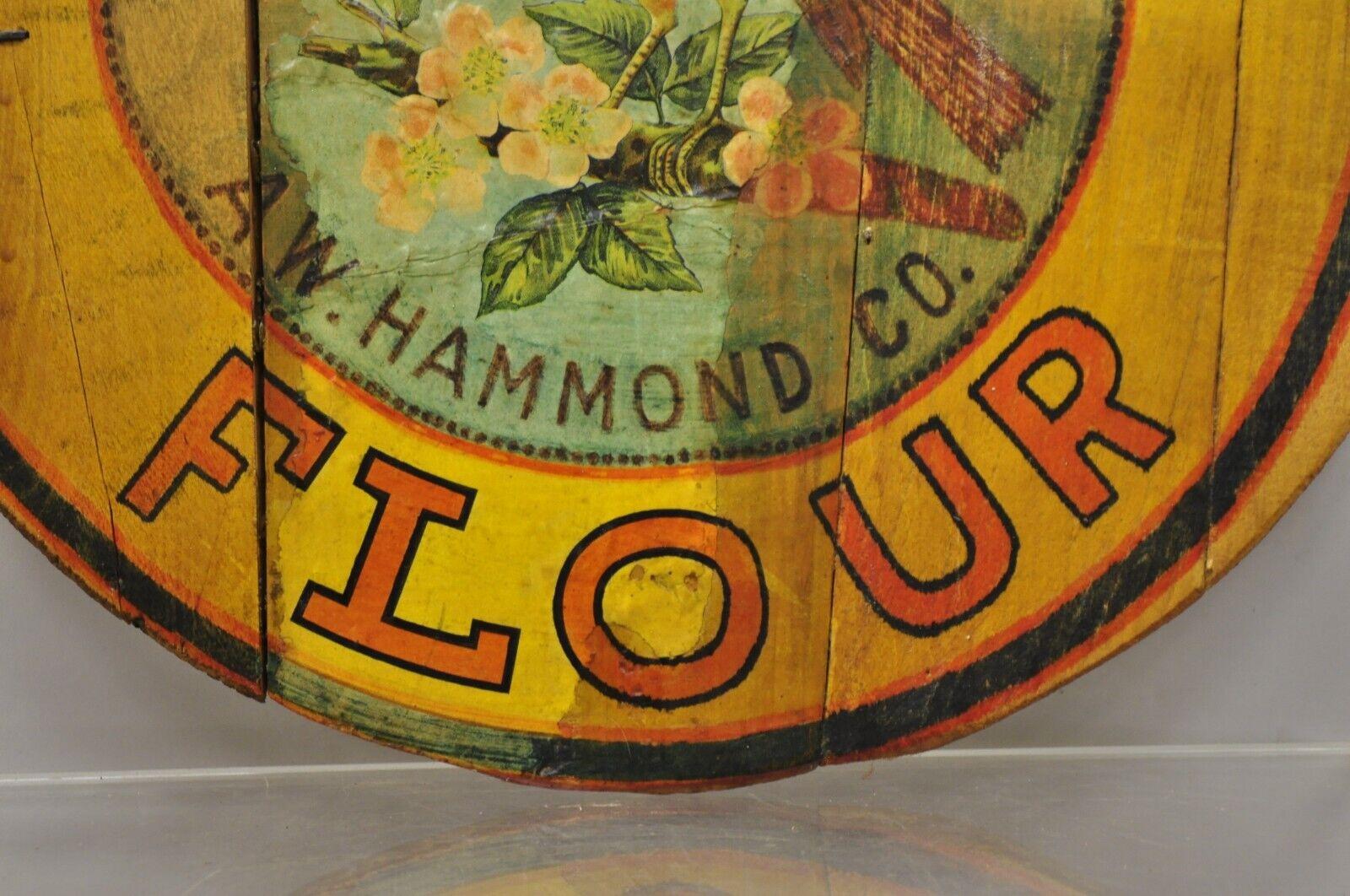Vintage Cock Robin Flour AW Hammond Co Round Wood Advertisement Plaque For Sale 2