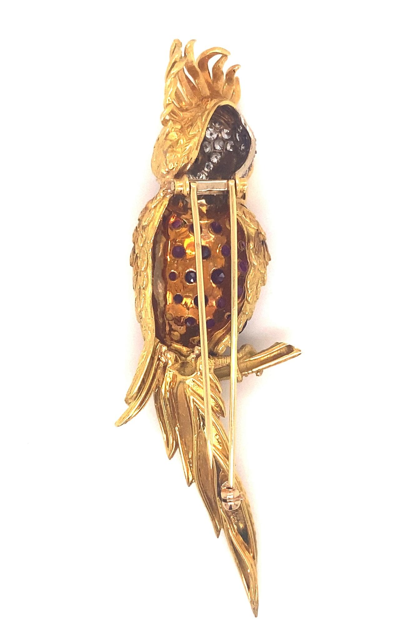 Women's Vintage Cockatoo Ruby Diamond and Emerald Brooch 18K Yellow Gold For Sale